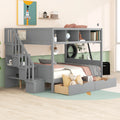 Twin Over Full Bunk Bed With Shelfs, Storage Staircase And 2 Drawers, Gray Gray Solid Wood Mdf