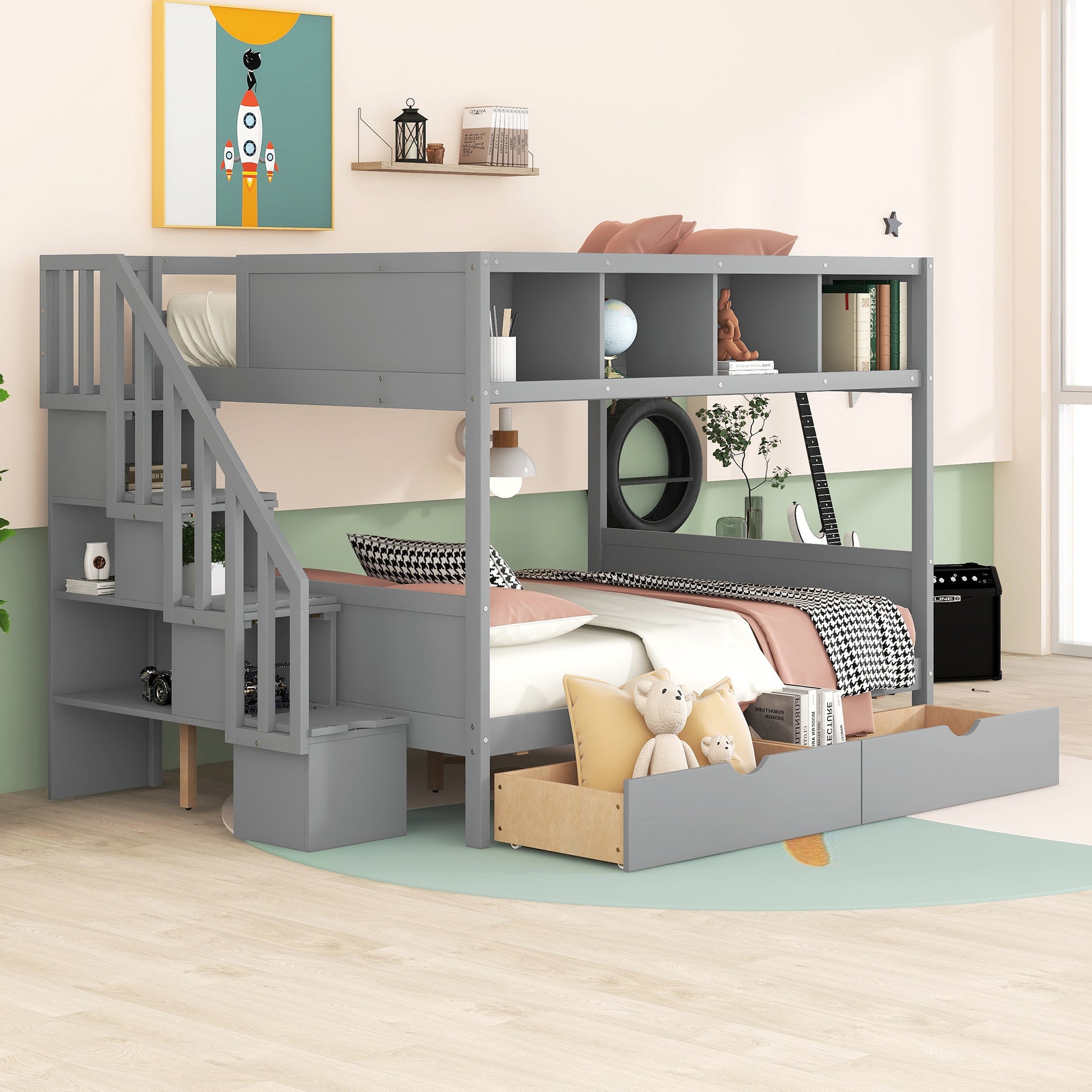 Twin Over Full Bunk Bed With Shelfs, Storage Staircase And 2 Drawers, Gray Gray Solid Wood Mdf