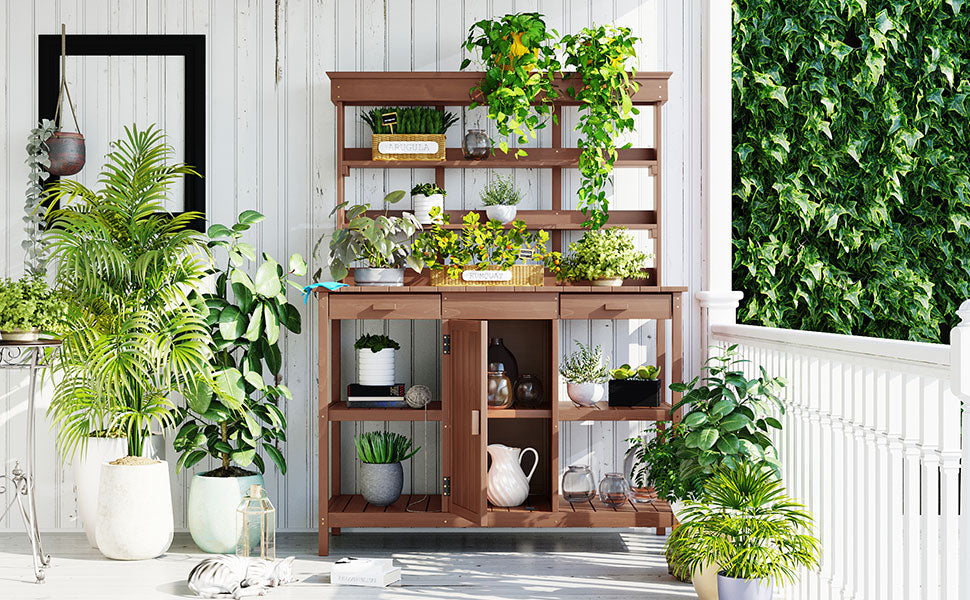 66" Large Outdoor Farmhouse Wooden Potting Bench Table, Garden Workstation With 2 Drawers, Cabinet And Open Shelves For Backyard, Mudroom, Brown Brown Garden & Outdoor Casual Wood Solid Wood