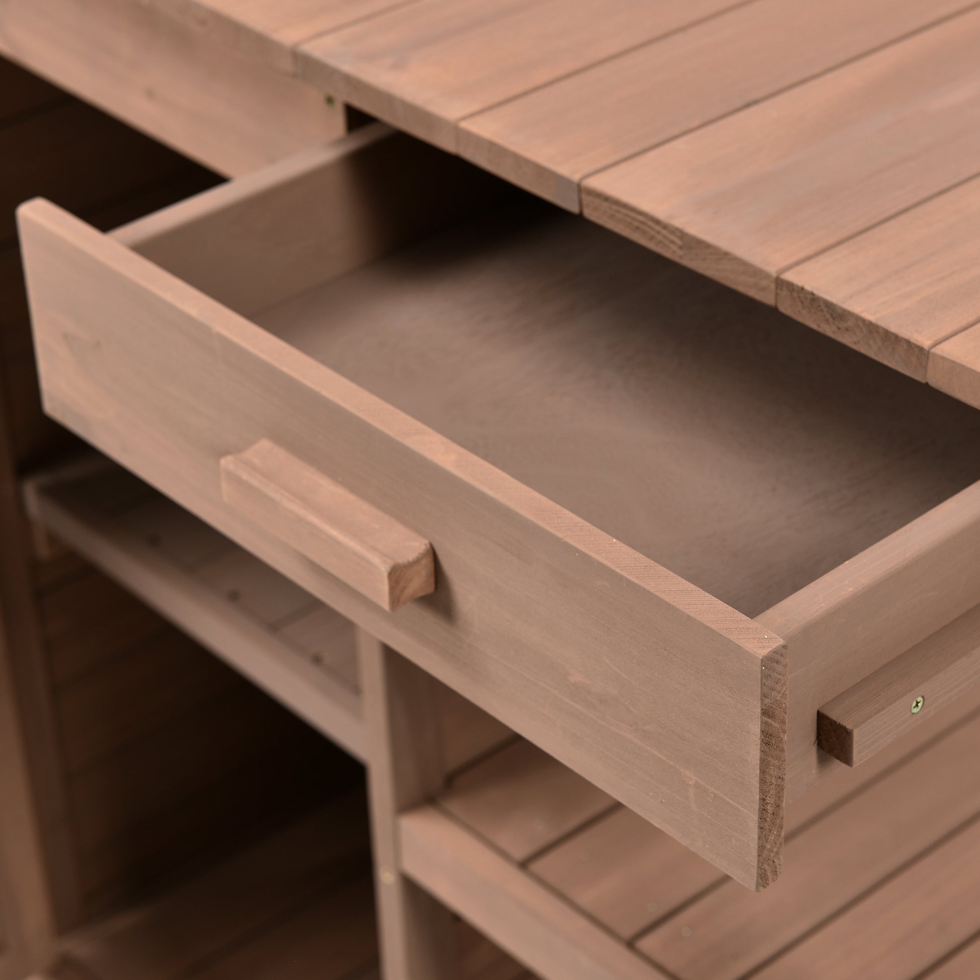 66" Large Outdoor Farmhouse Wooden Potting Bench Table, Garden Workstation With 2 Drawers, Cabinet And Open Shelves For Backyard, Mudroom, Brown Brown Garden & Outdoor Casual Wood Solid Wood