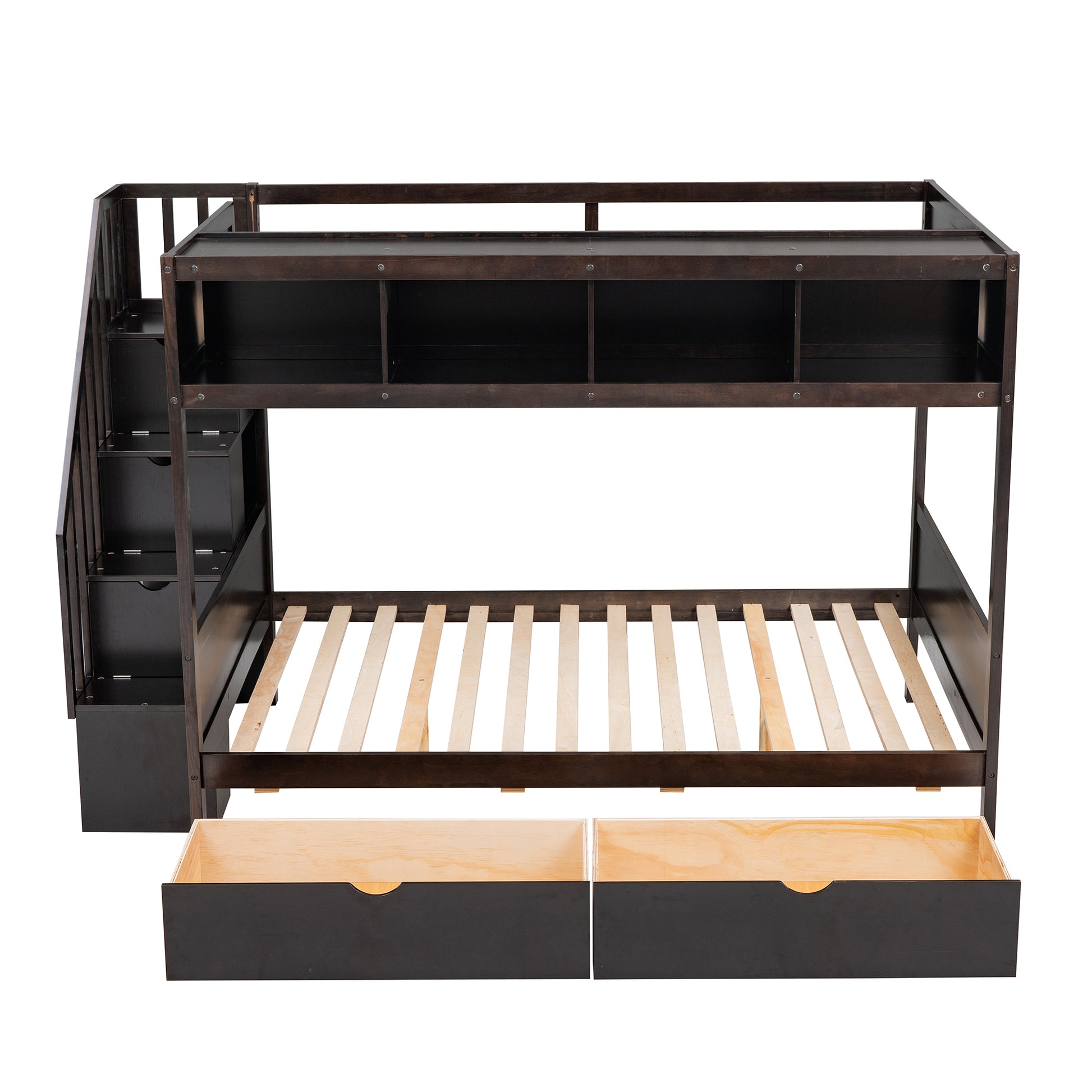 Twin Over Full Bunk Bed With Shelfs, Storage Staircase And 2 Drawers, Espresso Espresso Solid Wood Mdf