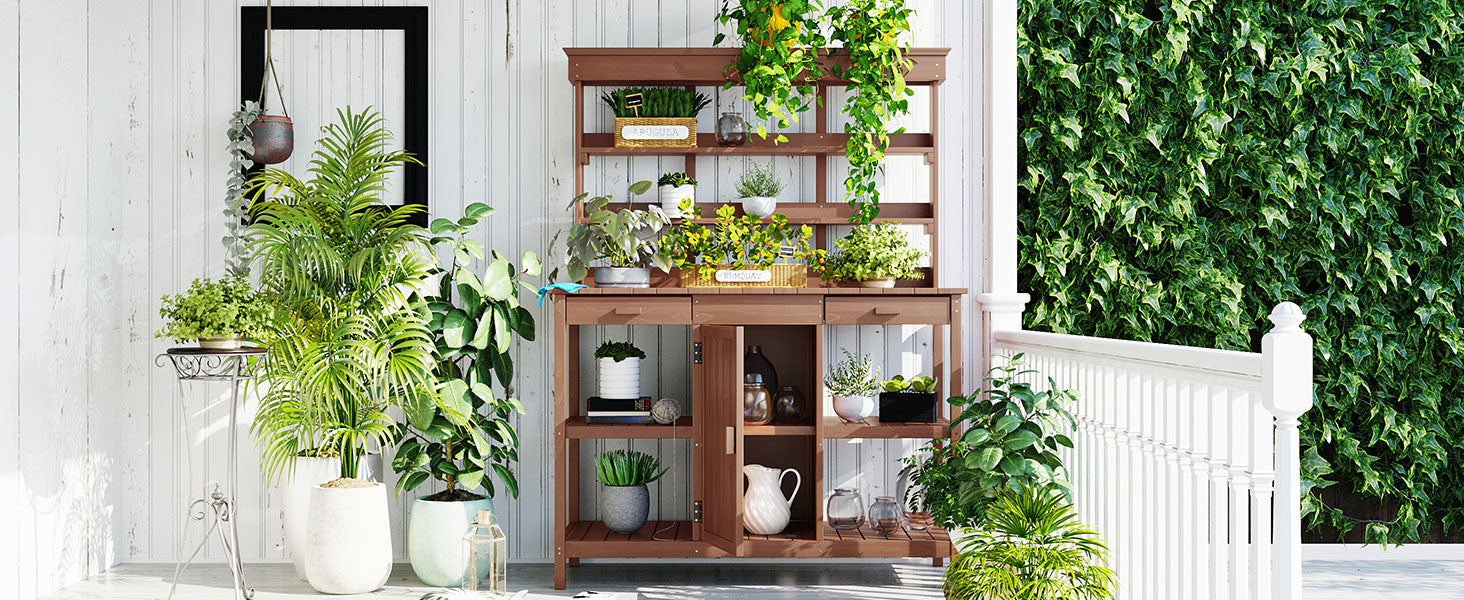 66" Large Outdoor Farmhouse Wooden Potting Bench Table, Garden Workstation With 2 Drawers, Cabinet And Open Shelves For Backyard, Mudroom, Brown Brown Garden & Outdoor Casual Wood Solid Wood