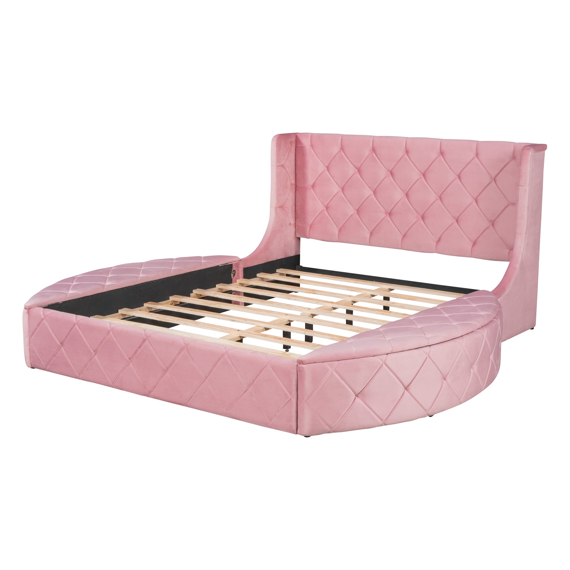 Upholstered Platform Bed Queen Size Storage Velvet Bed With Wingback Headboard And 1 Big Drawer,2 Side Storage Stool Pink Pink Upholstered