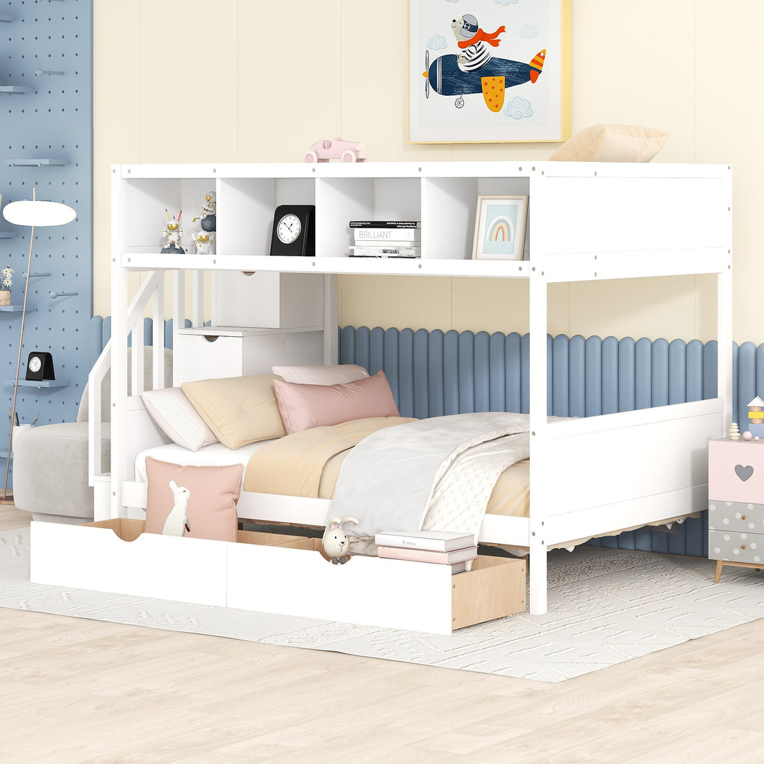 Twin Over Full Bunk Bed With Shelfs, Storage Staircase And 2 Drawers, White White Solid Wood Mdf