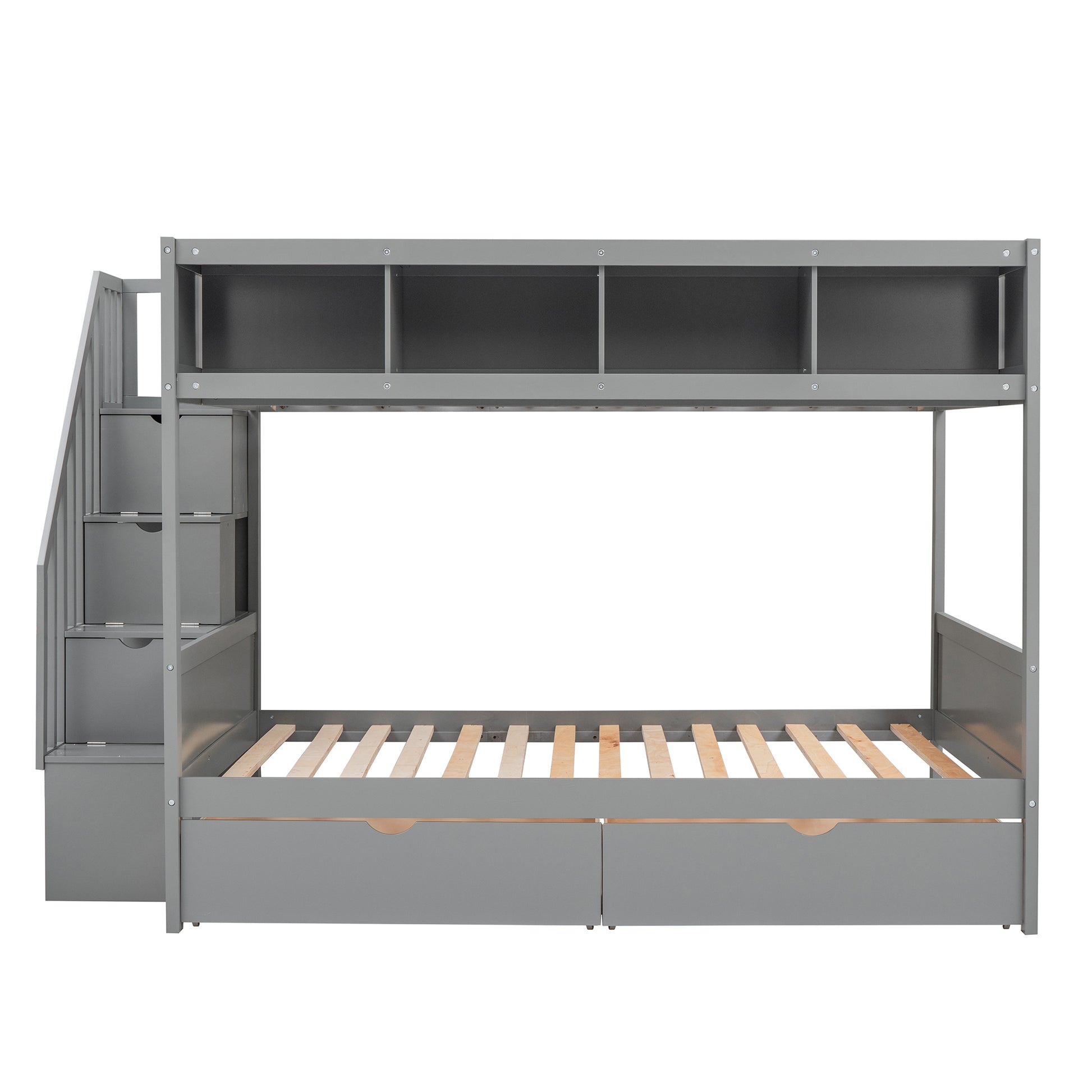 Twin Over Full Bunk Bed With Shelfs, Storage Staircase And 2 Drawers, Gray Gray Solid Wood Mdf