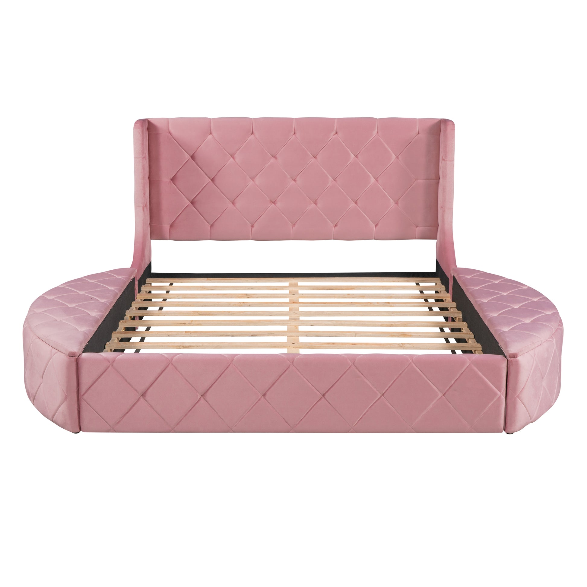 Upholstered Platform Bed Queen Size Storage Velvet Bed With Wingback Headboard And 1 Big Drawer,2 Side Storage Stool Pink Pink Upholstered