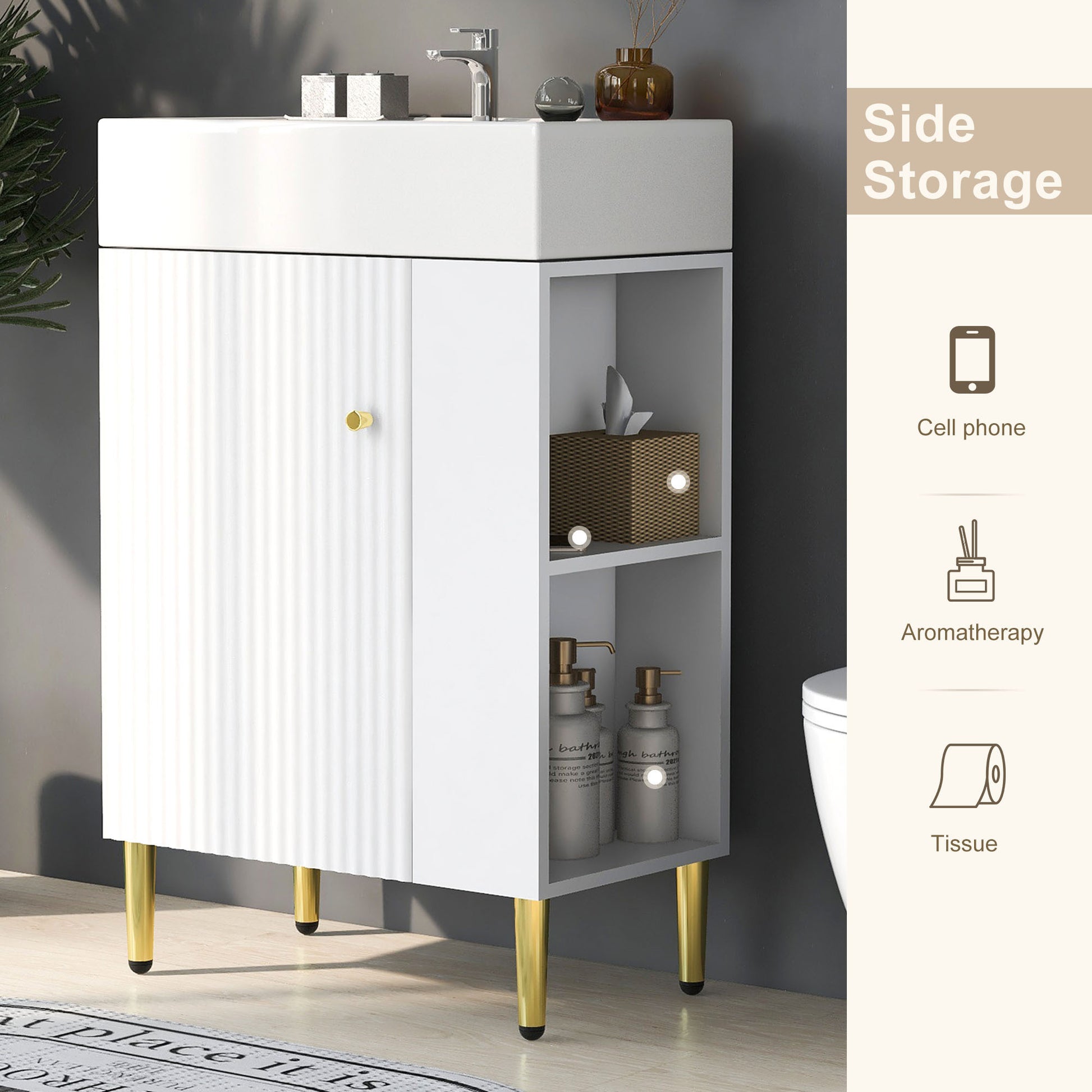 21.6" White Bathroom Vanity, Combo Cabinet, Bathroom Storage Cabinet, Single Ceramic Sink, Right Side Storage White Ceramic Mdf