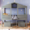 Twin Size Low Loft Wood House Bed With Two Drawers, Gray Gray Solid Wood