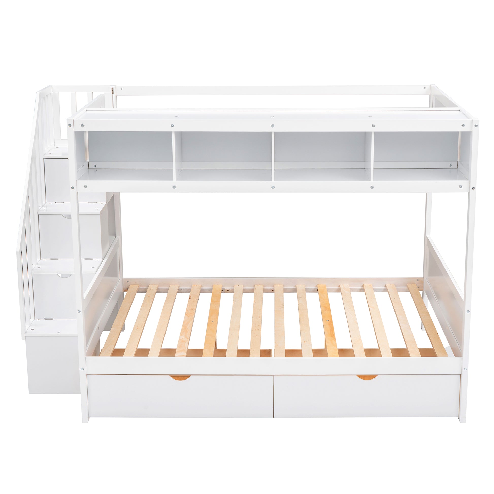 Twin Over Full Bunk Bed With Shelfs, Storage Staircase And 2 Drawers, White White Solid Wood Mdf