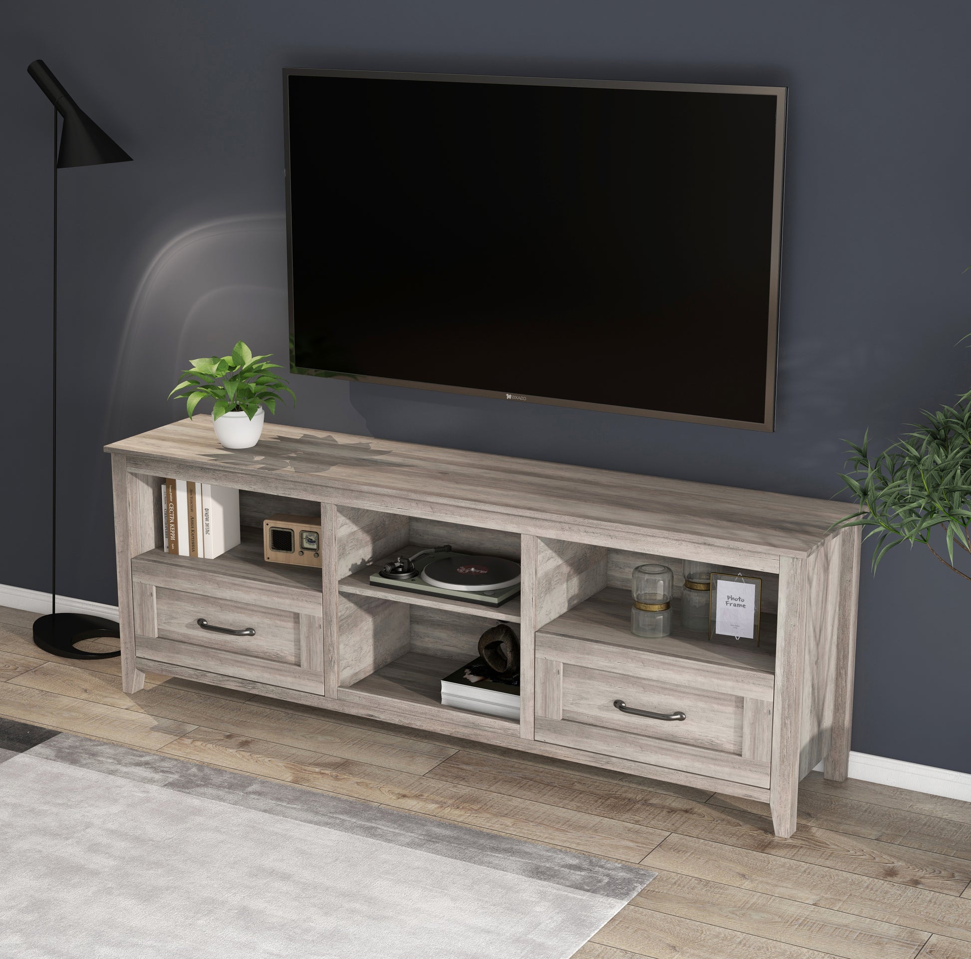 70.08 Inch Length Tv Stand For Living Room And Bedroom, With 2 Drawers And 4 High Capacity Storage Compartment, Grey Walnut Grey Particle Board