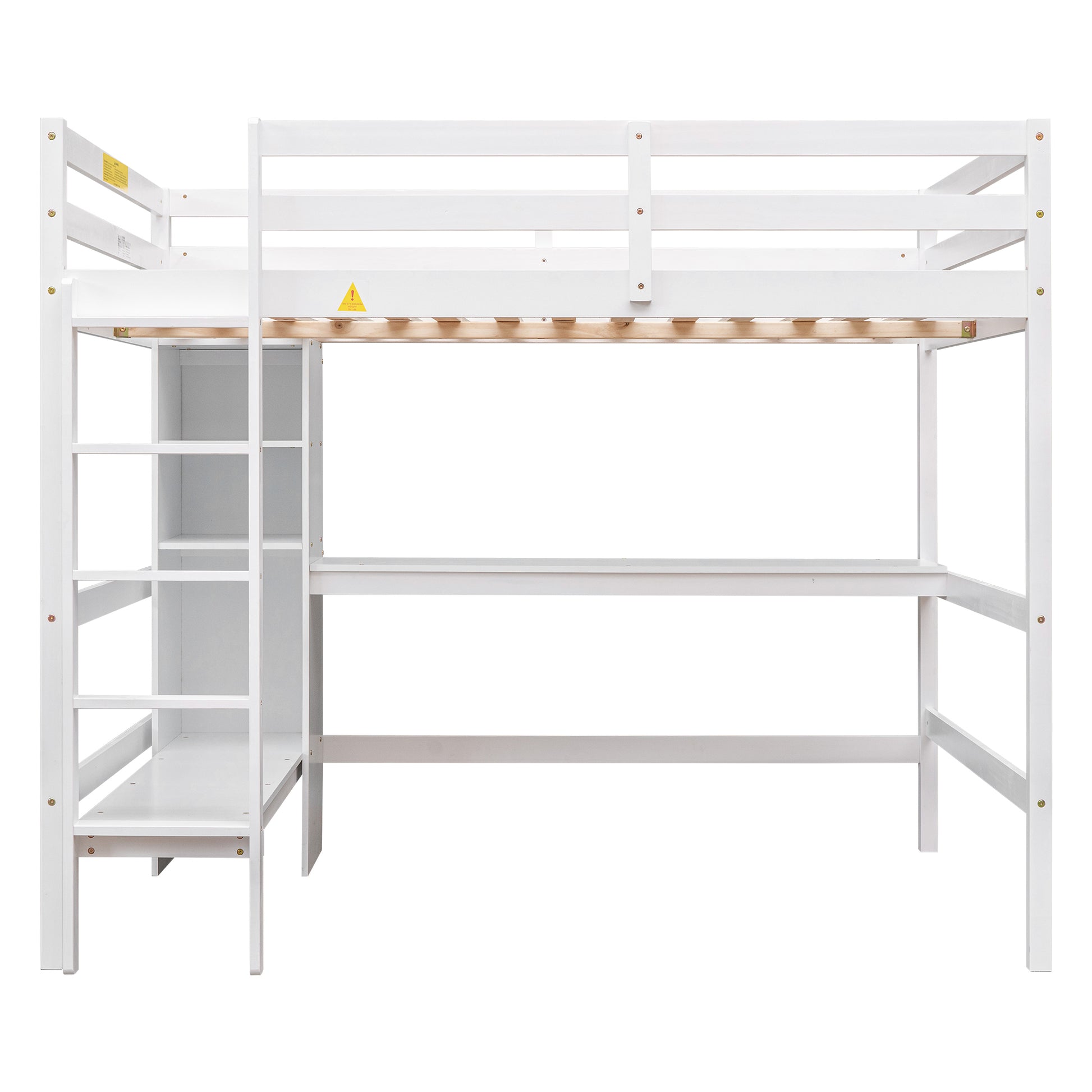 Full Size Loft Bed With Multifunction Shelves And Under Bed Desk, White White Pine