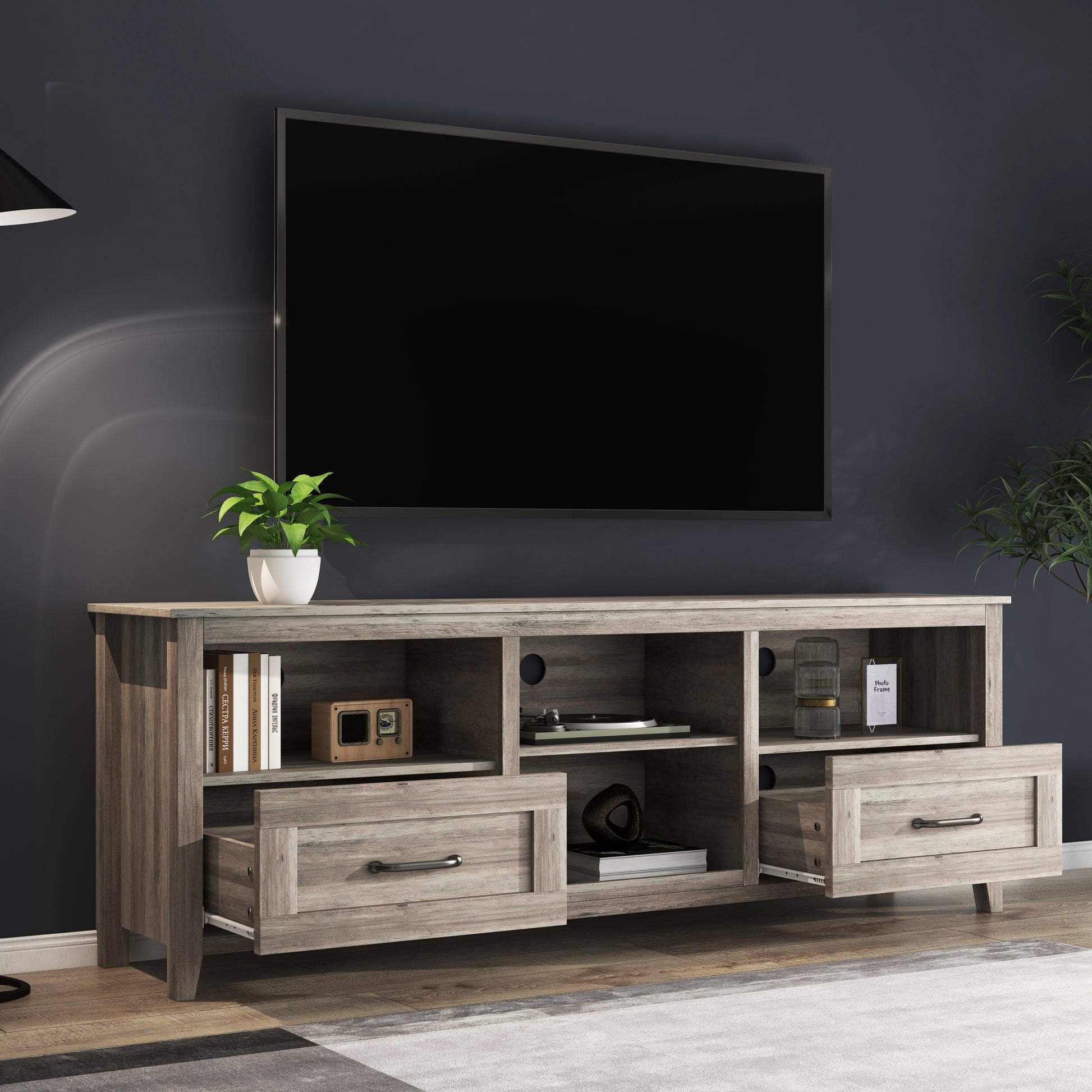 70.08 Inch Length Tv Stand For Living Room And Bedroom, With 2 Drawers And 4 High Capacity Storage Compartment, Grey Walnut Grey Particle Board