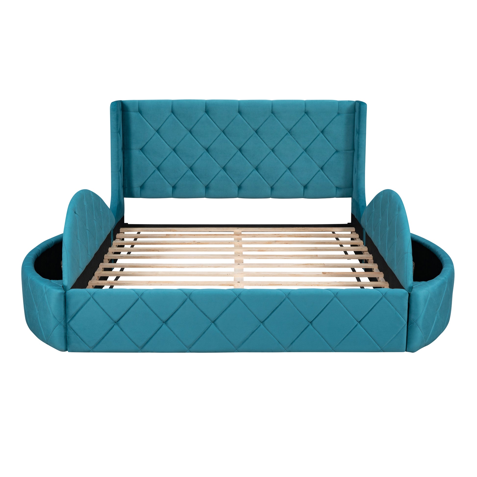 Upholstered Platform Bed Queen Size Storage Velvet Bed With Wingback Headboard And 1 Big Drawer,2 Side Storage Stool Blue Blue Upholstered