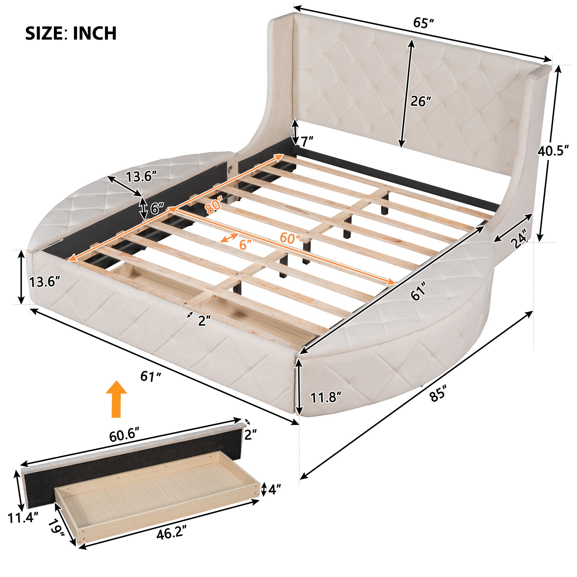 Upholstered Platform Bed Queen Size Storage Velvet Bed With Wingback Headboard And 1 Big Drawer,2 Side Storage Stool Beige Beige Upholstered