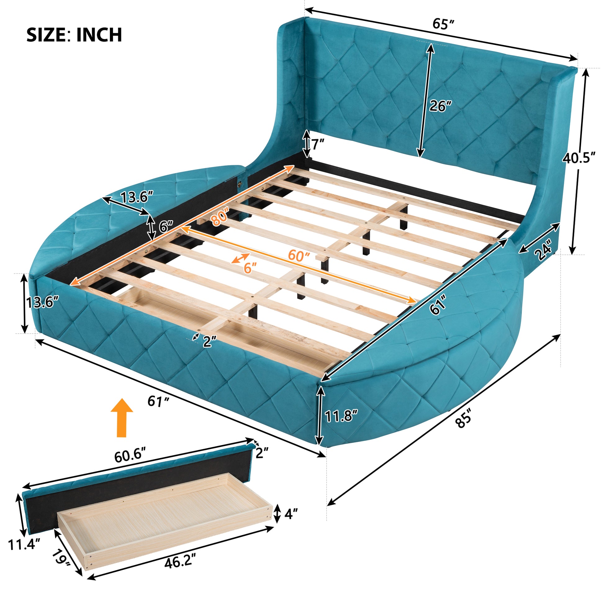 Upholstered Platform Bed Queen Size Storage Velvet Bed With Wingback Headboard And 1 Big Drawer,2 Side Storage Stool Blue Blue Upholstered