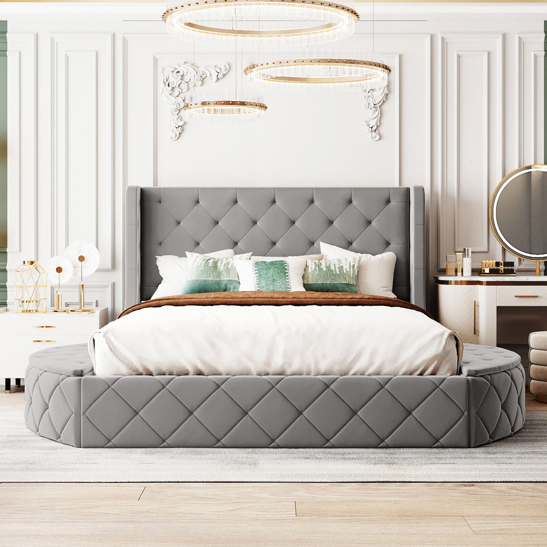 Upholstered Platform Bed Queen Size Storage Velvet Bed With Wingback Headboard And 1 Big Drawer,2 Side Storage Stool Gray Gray Upholstered