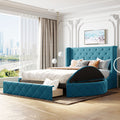 Upholstered Platform Bed Queen Size Storage Velvet Bed With Wingback Headboard And 1 Big Drawer,2 Side Storage Stool Blue Blue Upholstered