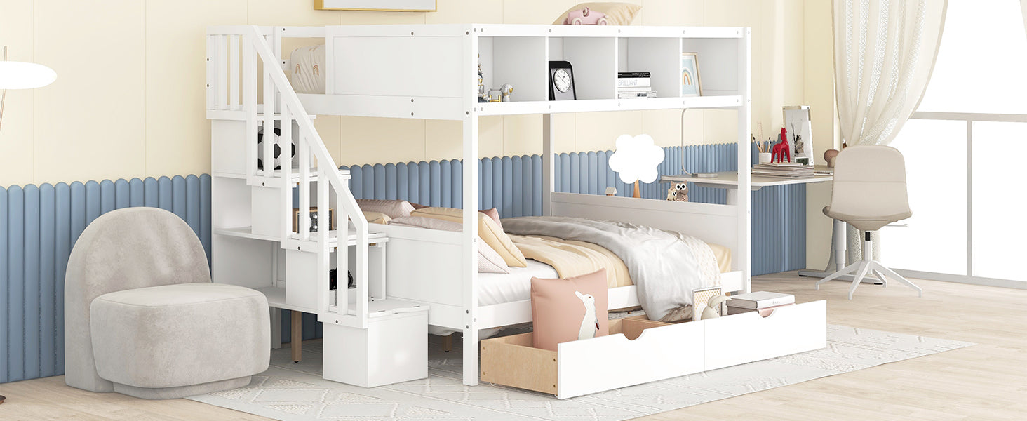 Twin Over Full Bunk Bed With Shelfs, Storage Staircase And 2 Drawers, White White Solid Wood Mdf