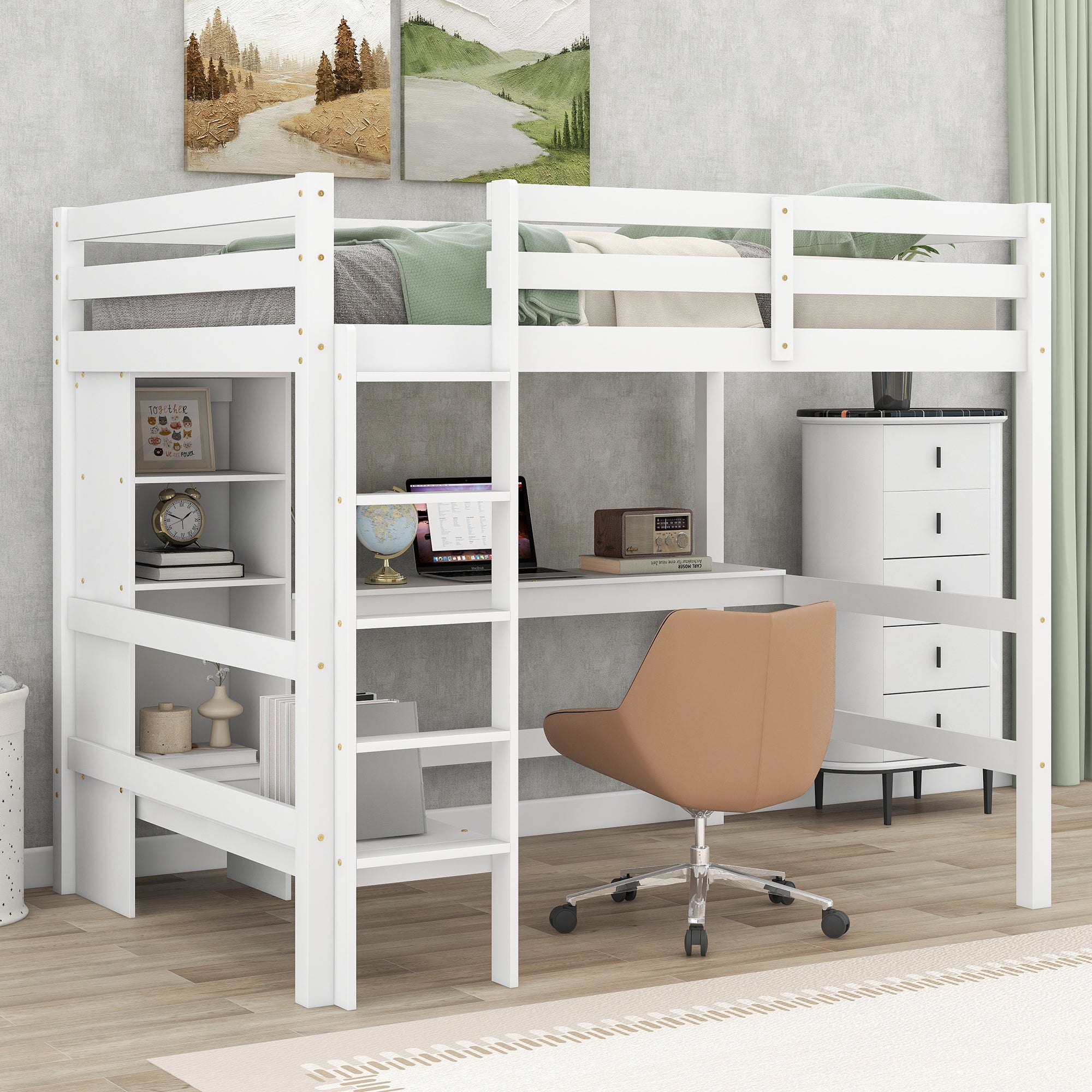 Full Size Loft Bed With Multifunction Shelves And Under Bed Desk, White White Pine