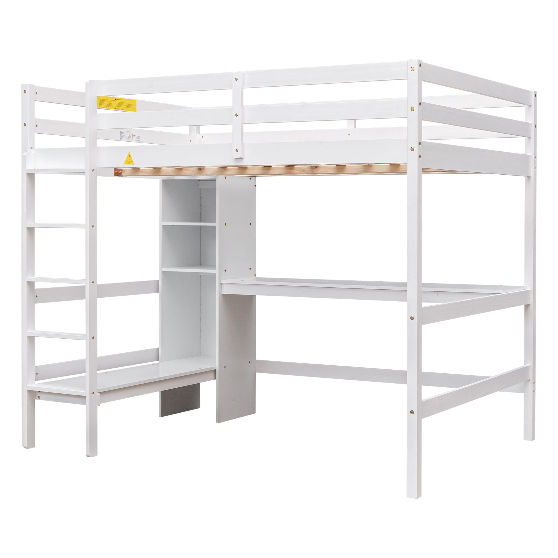 Full Size Loft Bed With Multifunction Shelves And Under Bed Desk, White White Pine