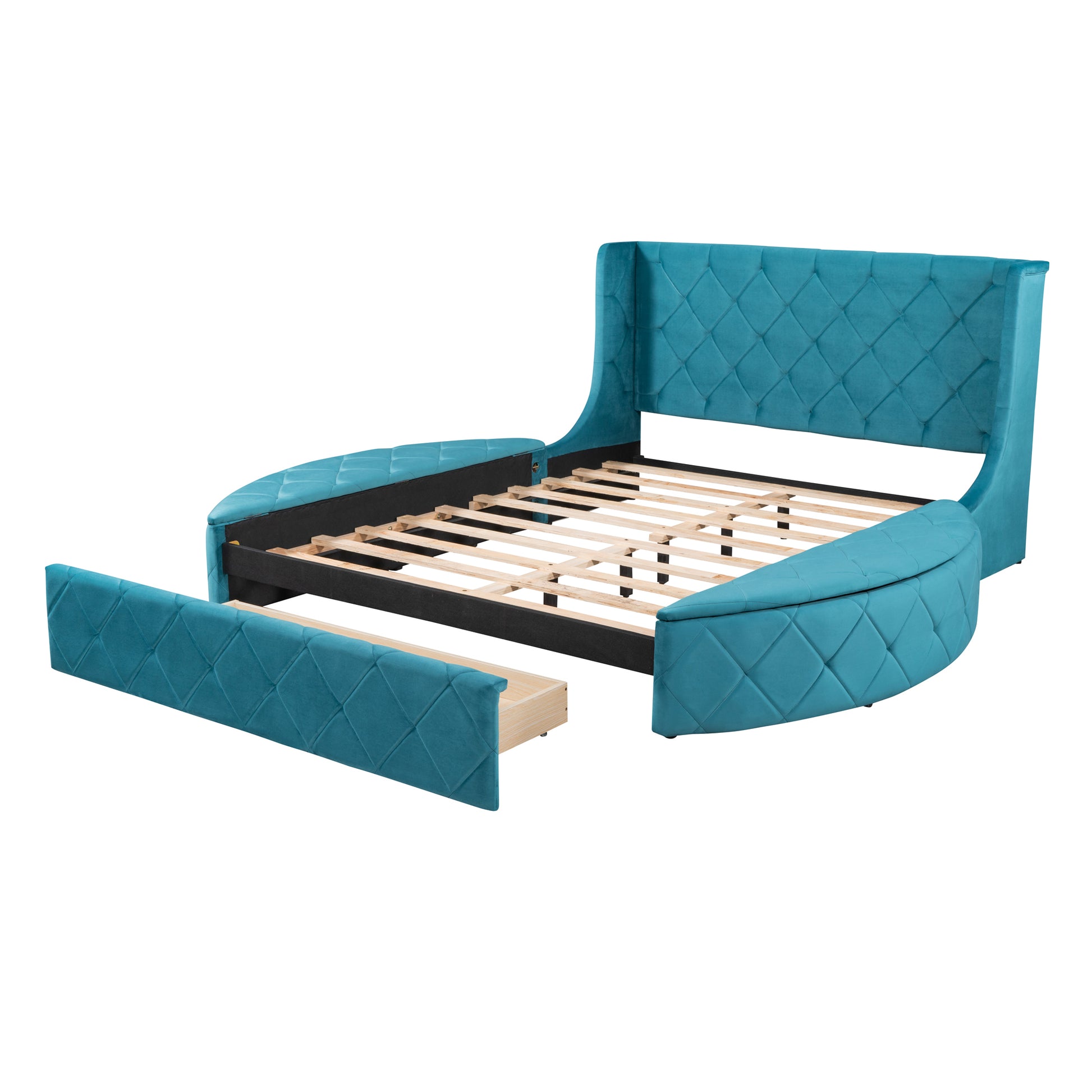 Upholstered Platform Bed Queen Size Storage Velvet Bed With Wingback Headboard And 1 Big Drawer,2 Side Storage Stool Blue Blue Upholstered