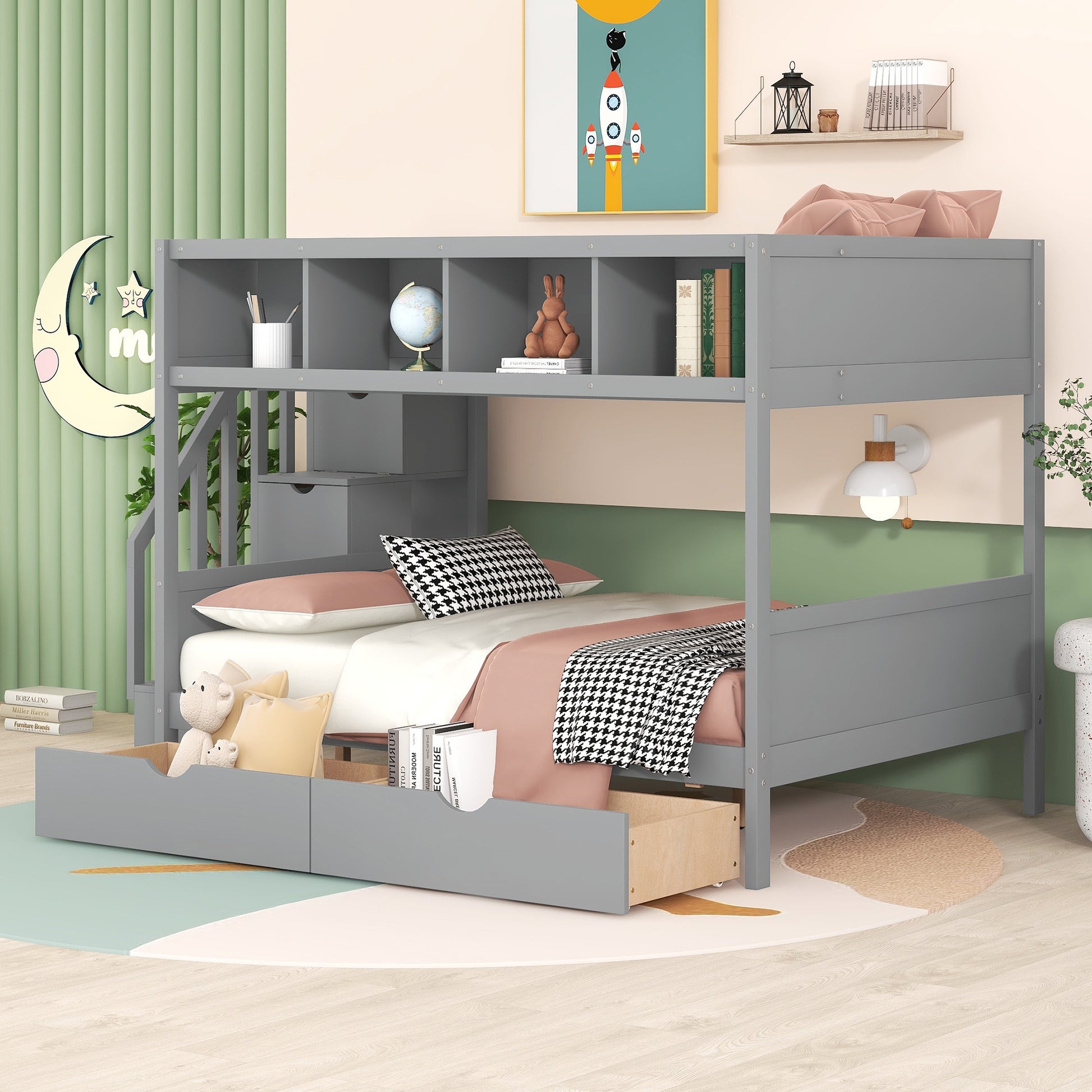 Twin Over Full Bunk Bed With Shelfs, Storage Staircase And 2 Drawers, Gray Gray Solid Wood Mdf