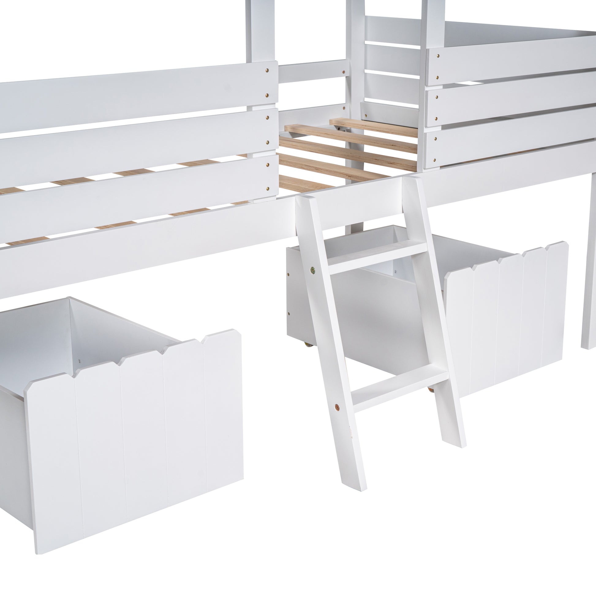 Twin Size Low Loft Wood House Bed With Two Drawers, White White Solid Wood