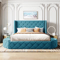 Upholstered Platform Bed Queen Size Storage Velvet Bed With Wingback Headboard And 1 Big Drawer,2 Side Storage Stool Blue Blue Upholstered