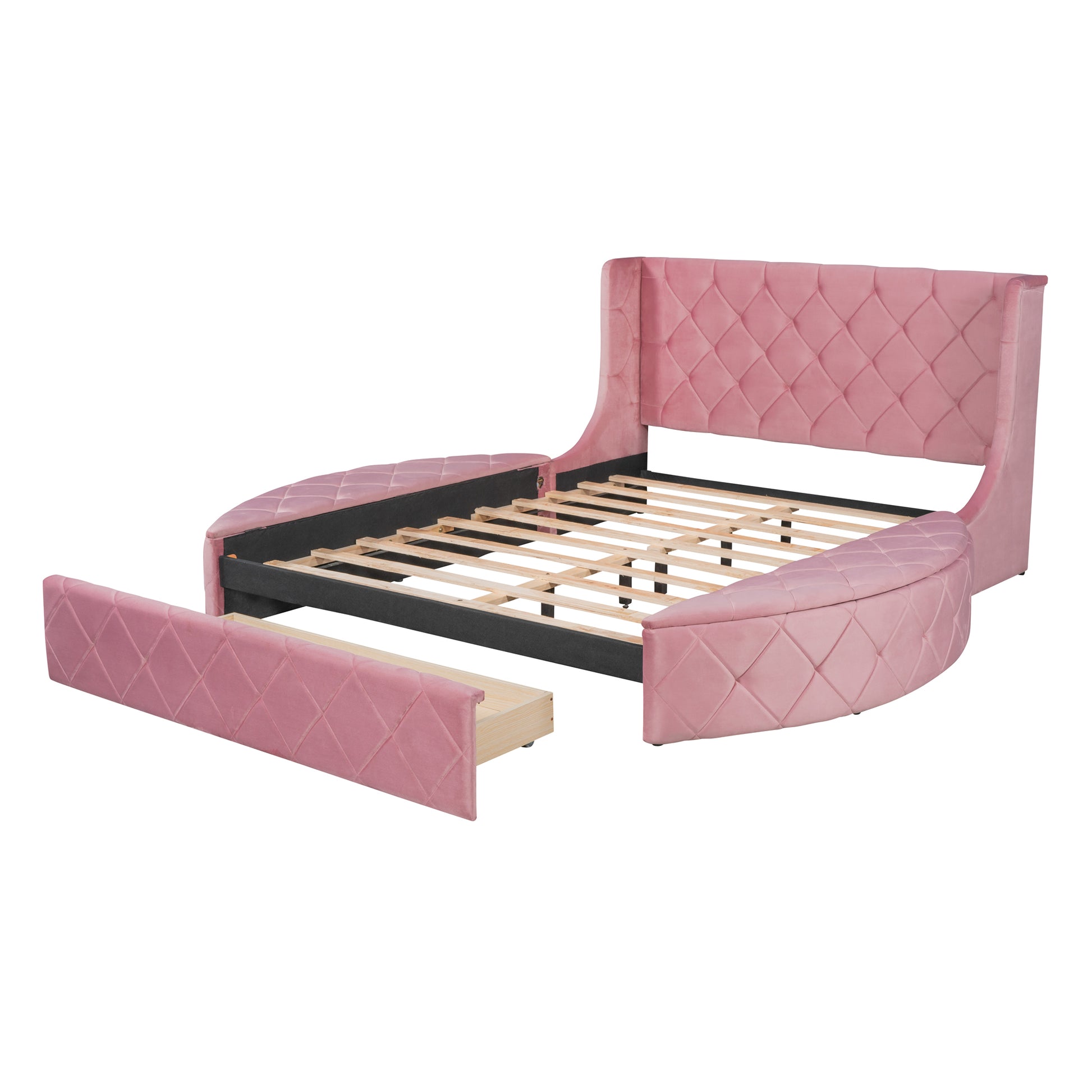 Upholstered Platform Bed Queen Size Storage Velvet Bed With Wingback Headboard And 1 Big Drawer,2 Side Storage Stool Pink Pink Upholstered