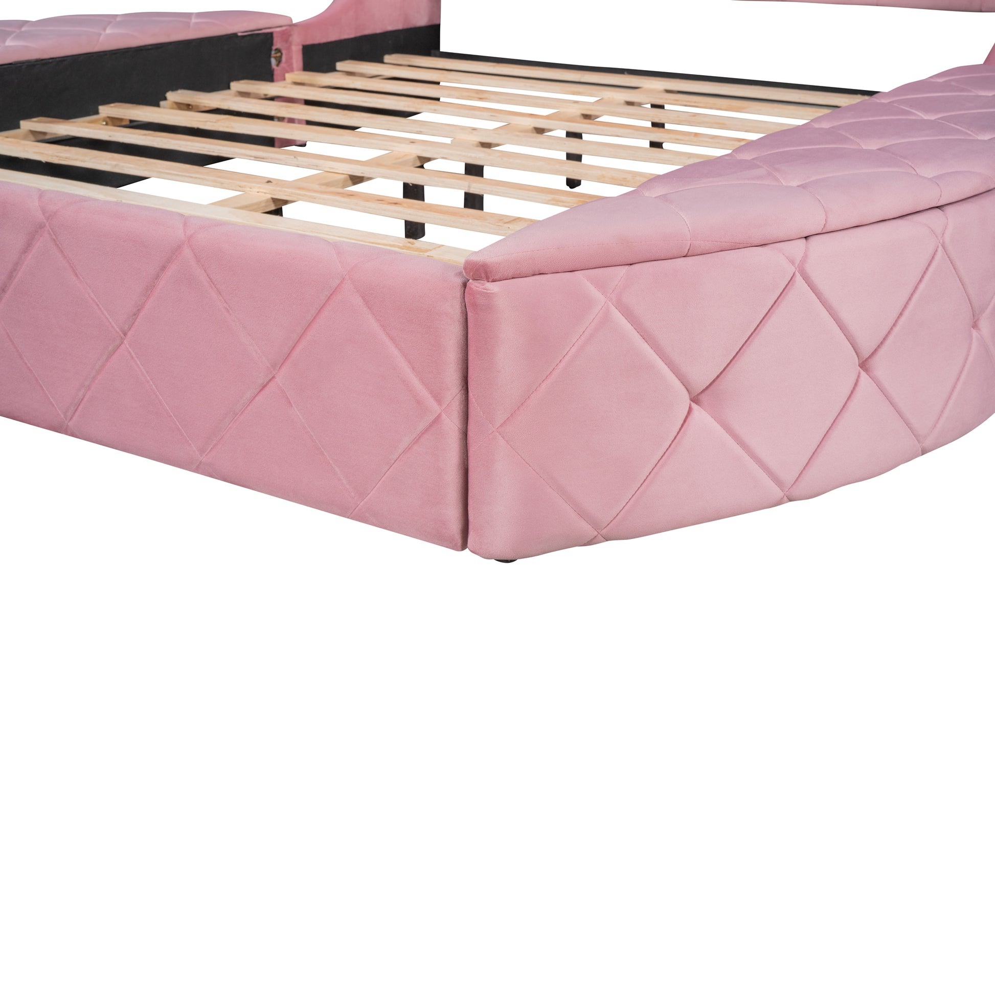 Upholstered Platform Bed Queen Size Storage Velvet Bed With Wingback Headboard And 1 Big Drawer,2 Side Storage Stool Pink Pink Upholstered