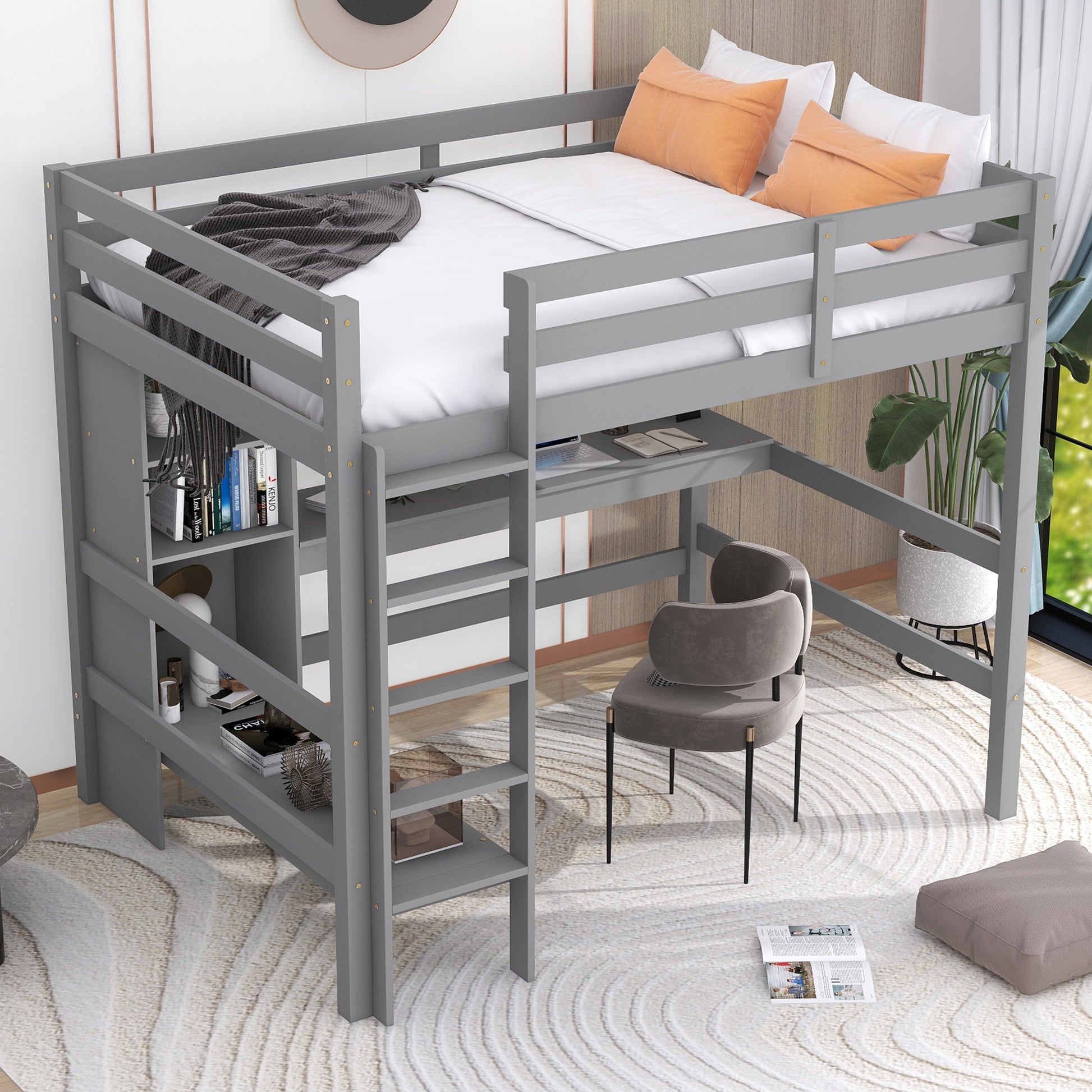 Full Size Loft Bed With Multifunction Shelves And Under Bed Desk, Gray Gray Pine