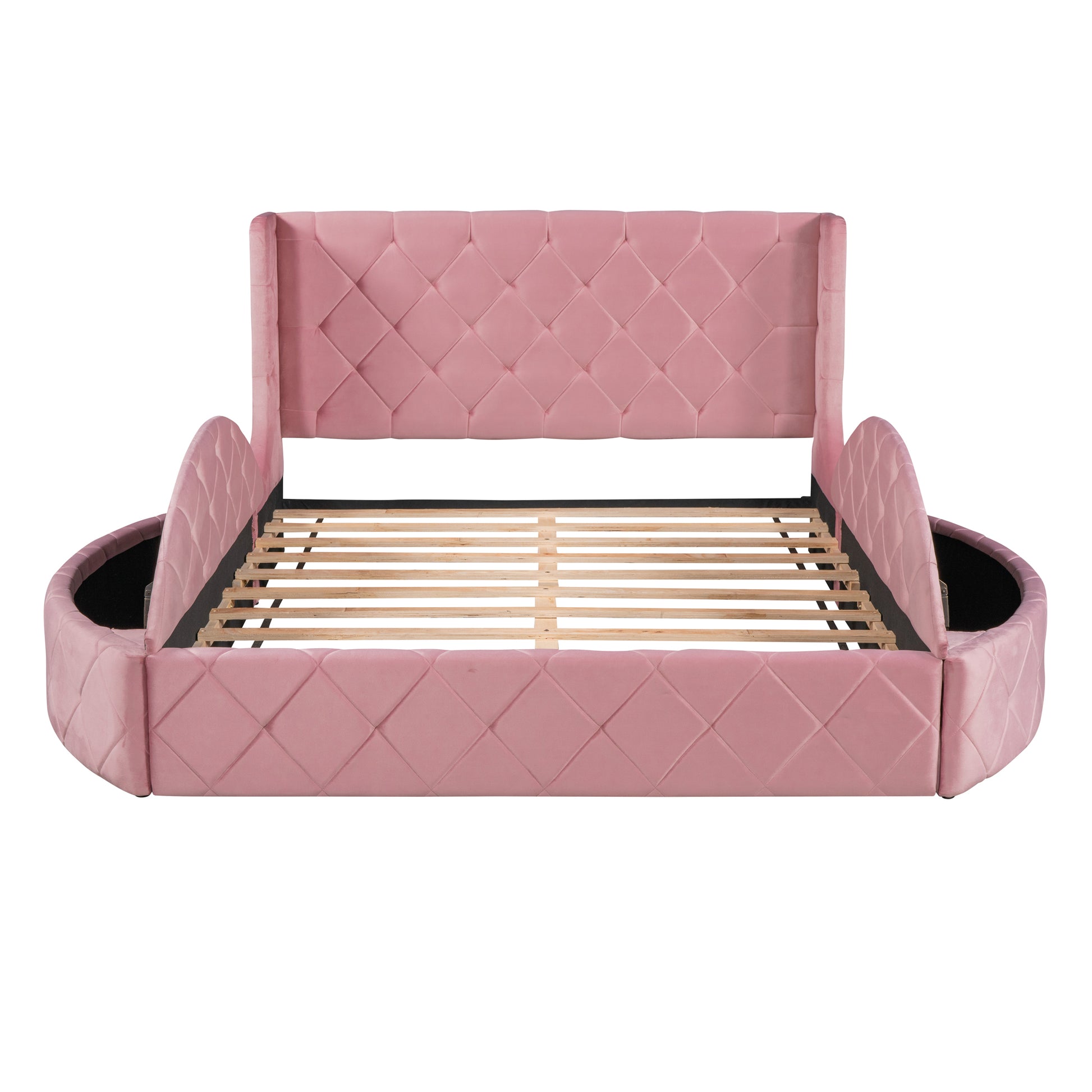 Upholstered Platform Bed Queen Size Storage Velvet Bed With Wingback Headboard And 1 Big Drawer,2 Side Storage Stool Pink Pink Upholstered