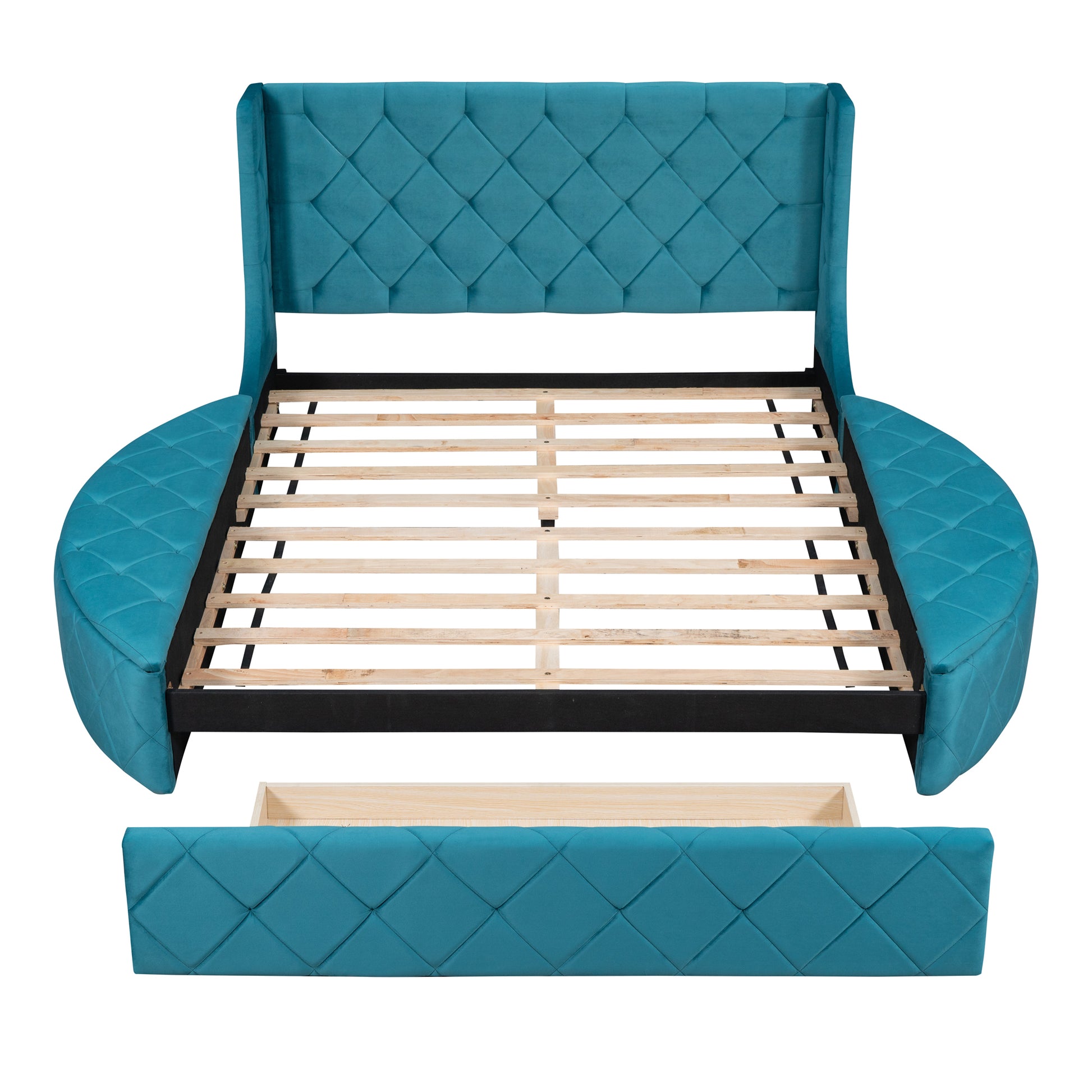 Upholstered Platform Bed Queen Size Storage Velvet Bed With Wingback Headboard And 1 Big Drawer,2 Side Storage Stool Blue Blue Upholstered