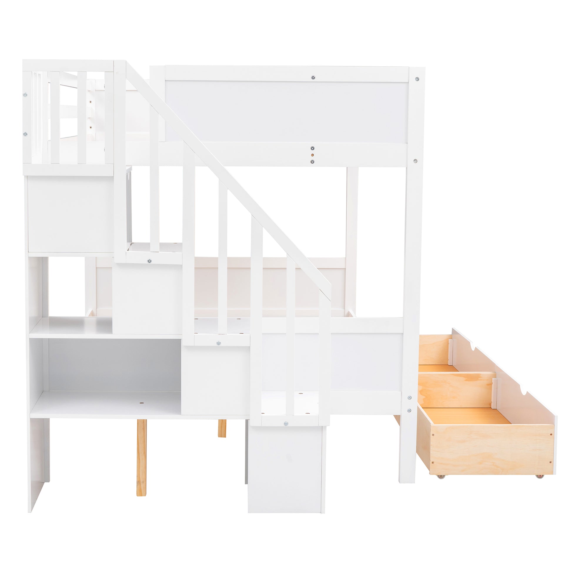 Twin Over Full Bunk Bed With Shelfs, Storage Staircase And 2 Drawers, White White Solid Wood Mdf