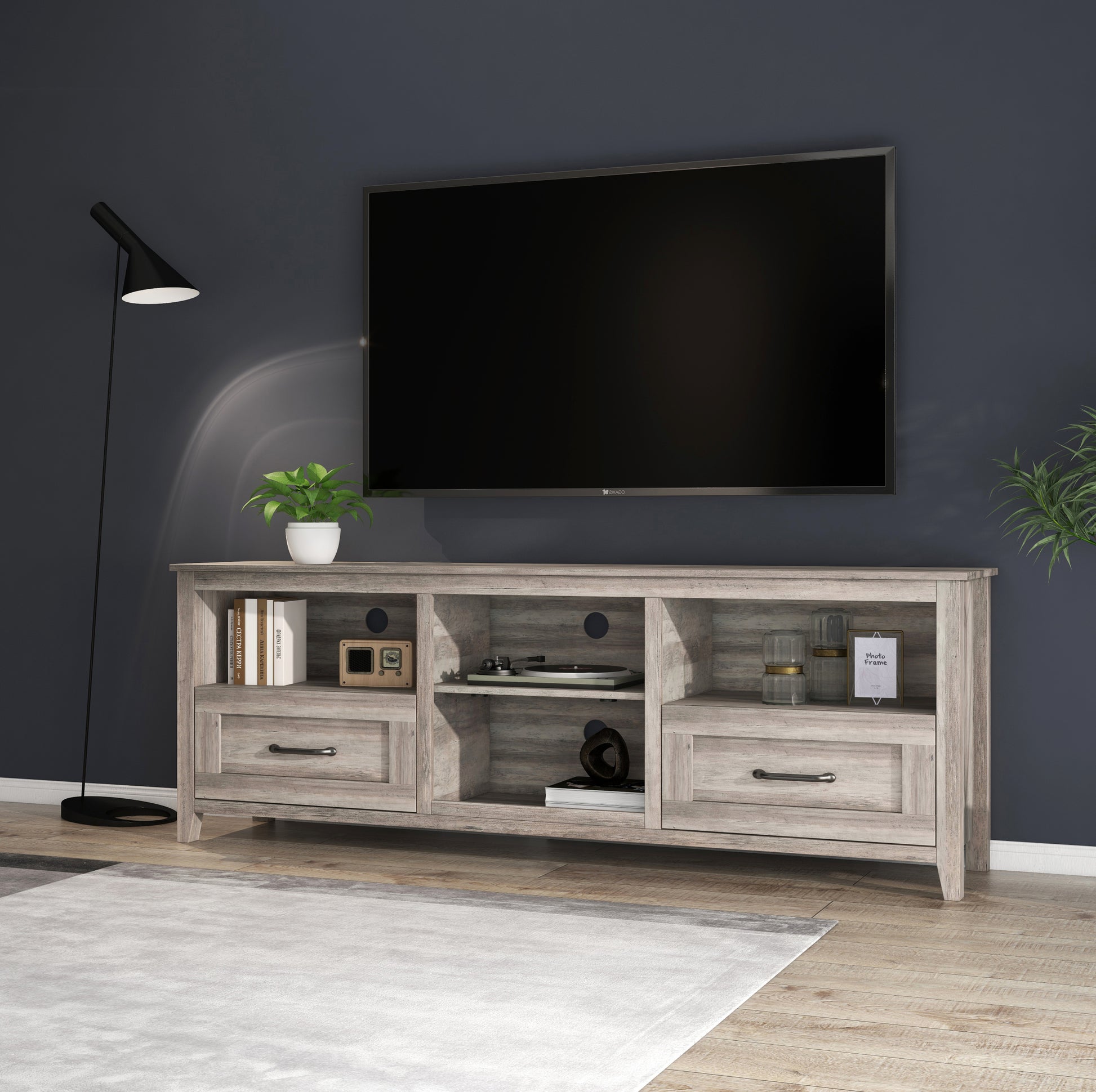 70.08 Inch Length Tv Stand For Living Room And Bedroom, With 2 Drawers And 4 High Capacity Storage Compartment, Grey Walnut Grey Particle Board