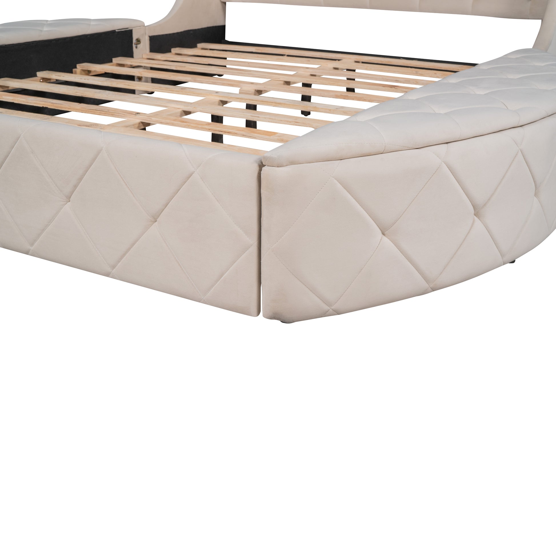 Upholstered Platform Bed Queen Size Storage Velvet Bed With Wingback Headboard And 1 Big Drawer,2 Side Storage Stool Beige Beige Upholstered