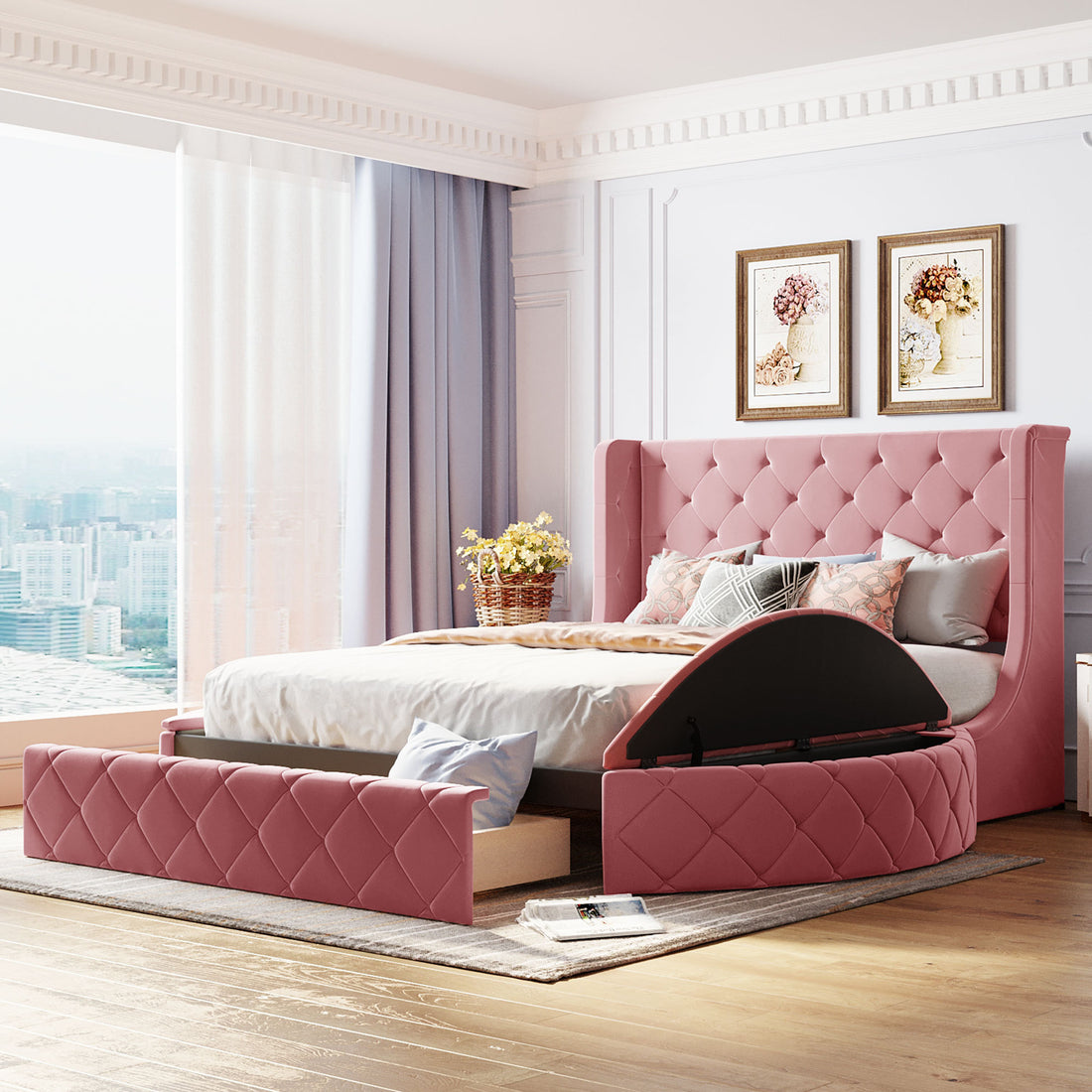 Upholstered Platform Bed Queen Size Storage Velvet Bed With Wingback Headboard And 1 Big Drawer,2 Side Storage Stool Pink Pink Upholstered