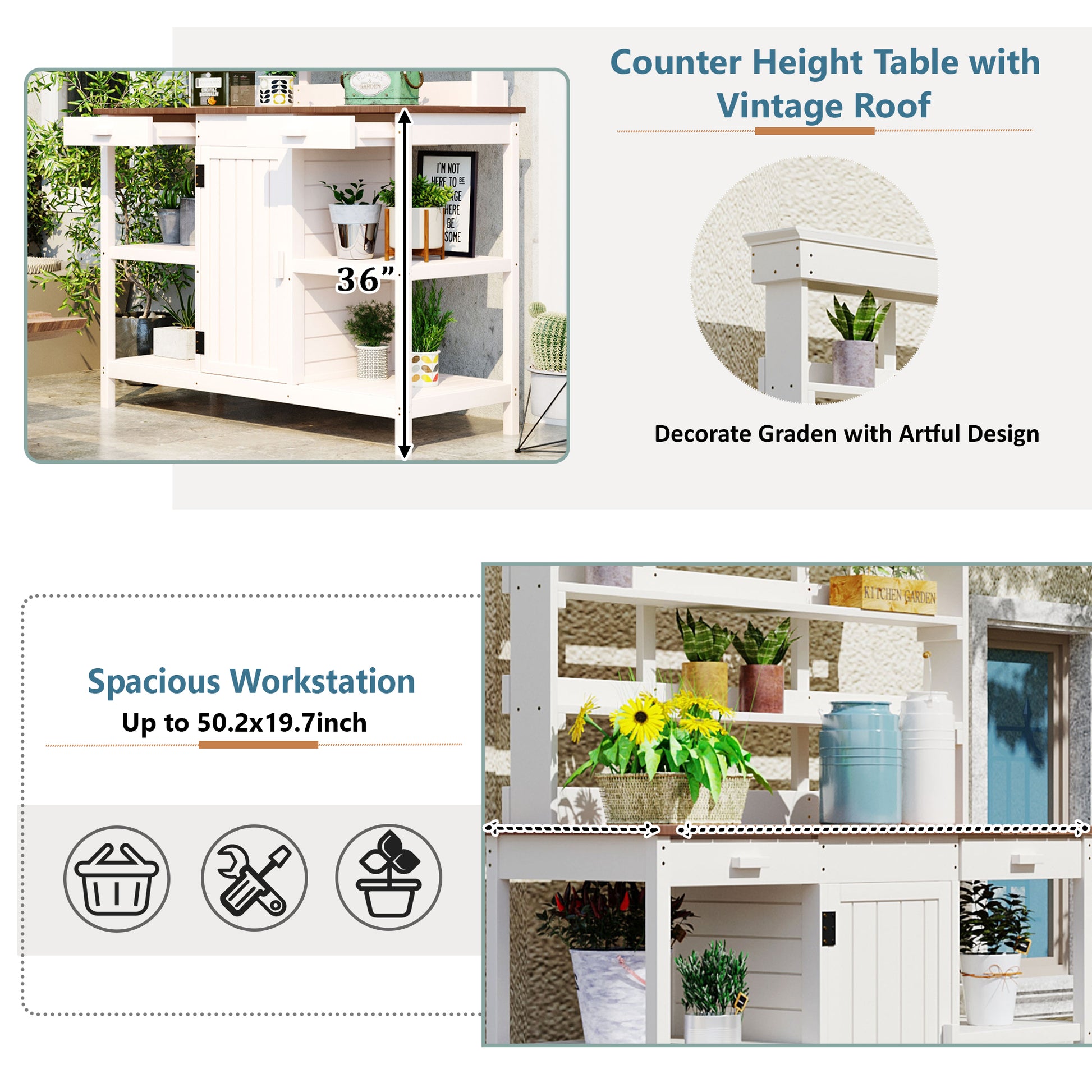 66" Large Outdoor Farmhouse Wooden Potting Bench Table, Garden Workstation With 2 Drawers, Cabinet And Open Shelves For Backyard, Mudroom, White White Garden & Outdoor Casual Wood Solid Wood