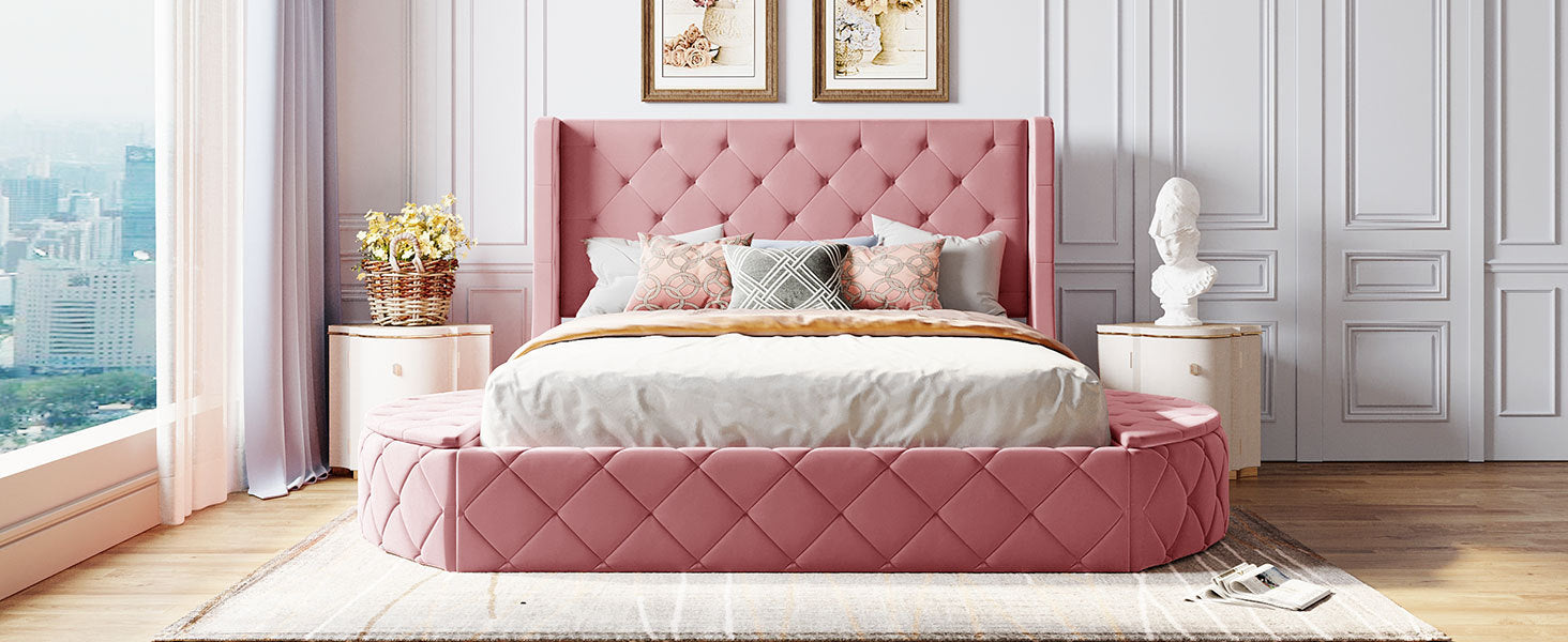 Upholstered Platform Bed Queen Size Storage Velvet Bed With Wingback Headboard And 1 Big Drawer,2 Side Storage Stool Pink Pink Upholstered