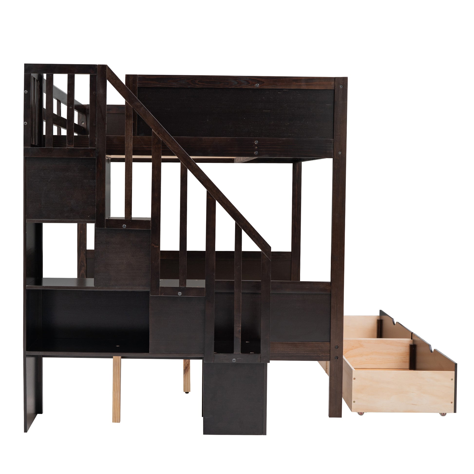 Twin Over Full Bunk Bed With Shelfs, Storage Staircase And 2 Drawers, Espresso Espresso Solid Wood Mdf