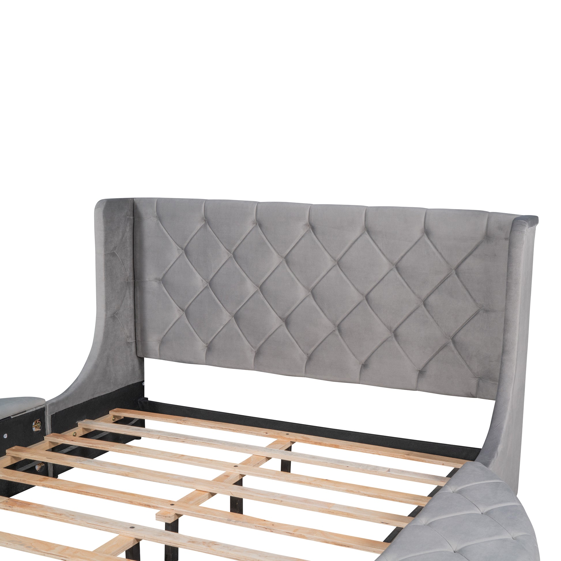 Upholstered Platform Bed Queen Size Storage Velvet Bed With Wingback Headboard And 1 Big Drawer,2 Side Storage Stool Gray Gray Upholstered