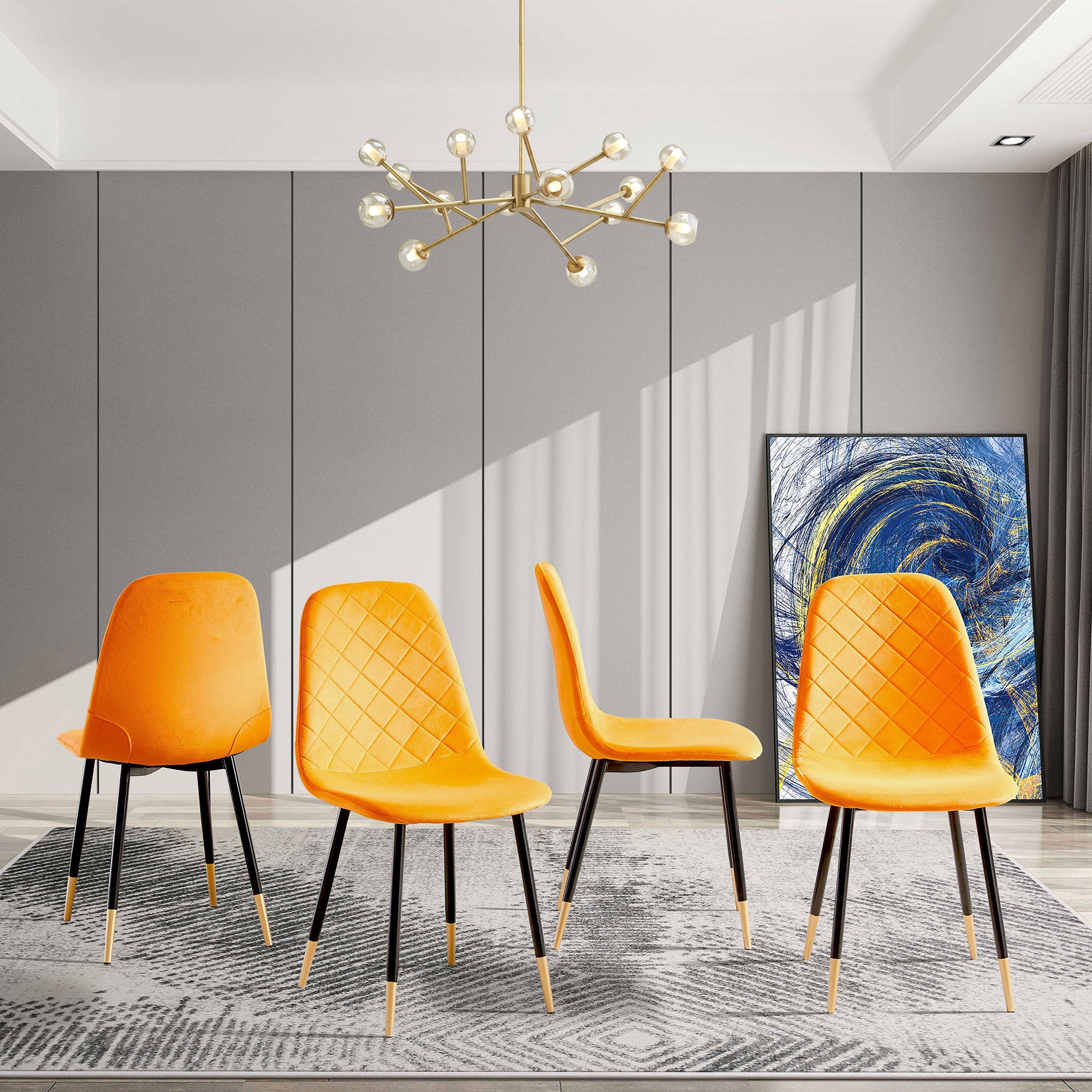 Orange Velvet Tufted Accent Chairs With Golden Color Metal Legs, Modern Dining Chairs For Living Room,Set Of 4 Metal Plaid Orange Dining Room Powder Coated Foam Dry Clean Modern Dining Chairs Solid