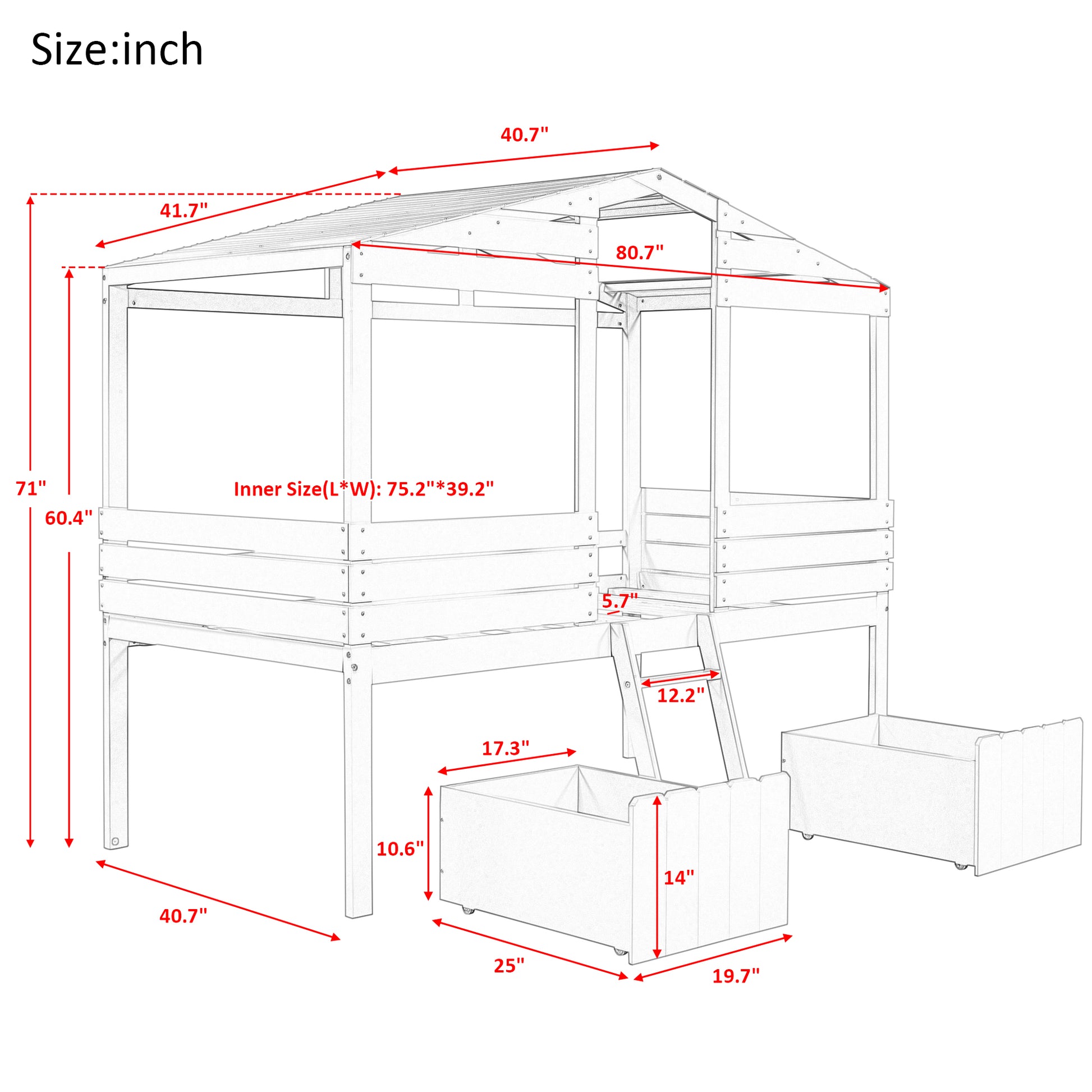 Twin Size Low Loft Wood House Bed With Two Drawers, Walnut Walnut Solid Wood