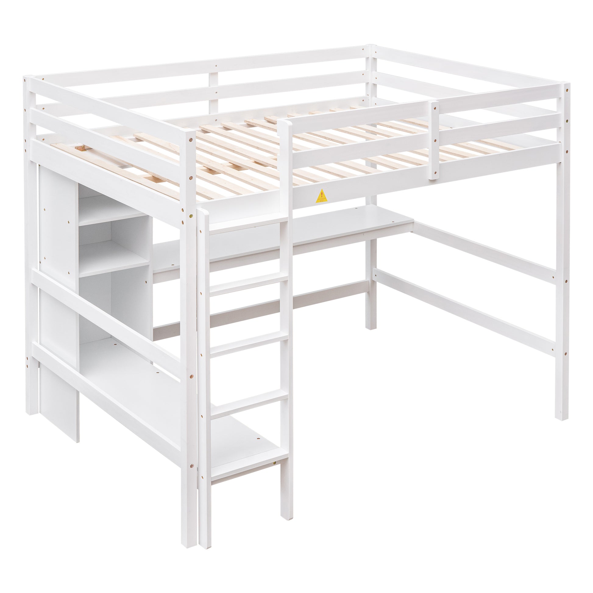 Full Size Loft Bed With Multifunction Shelves And Under Bed Desk, White White Pine