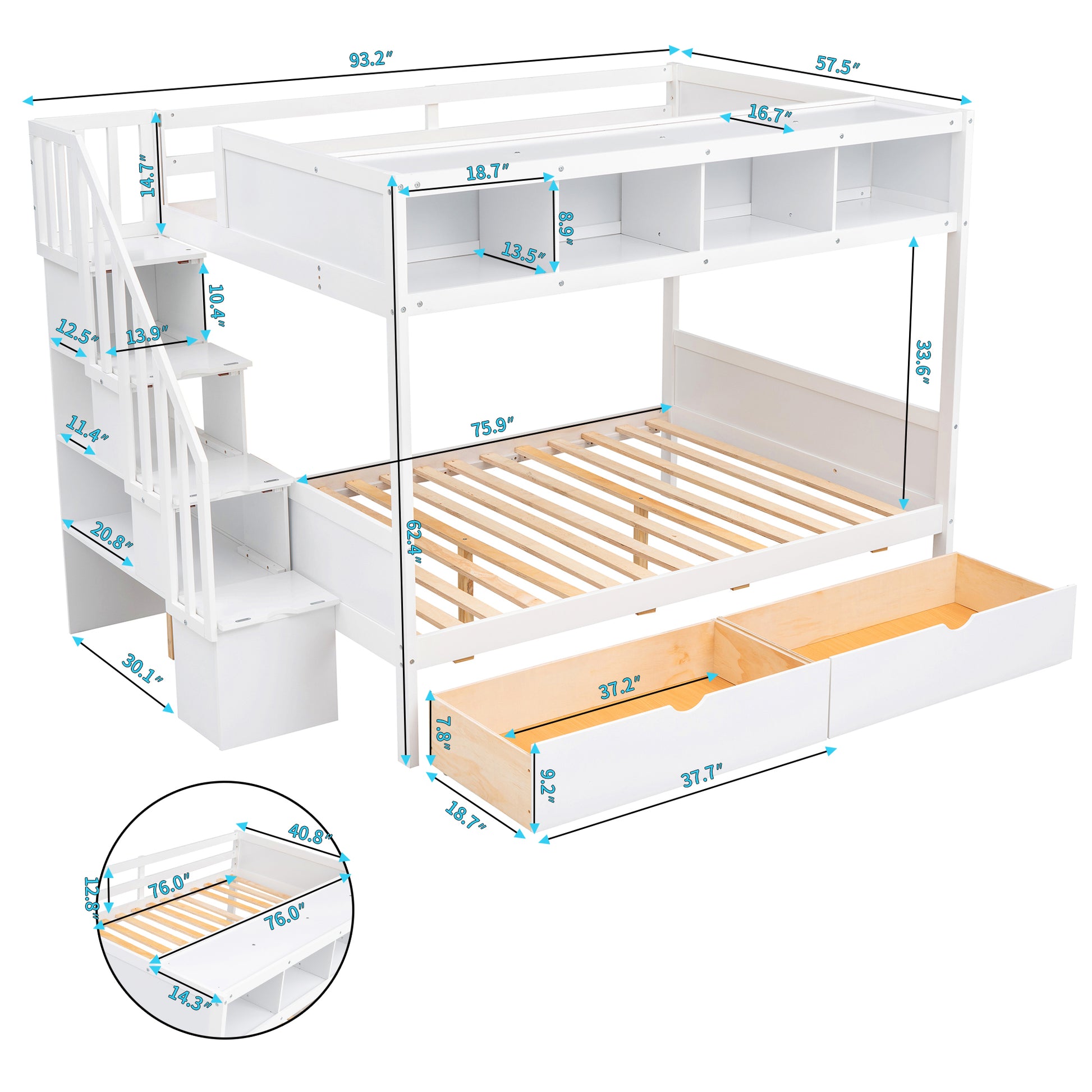 Twin Over Full Bunk Bed With Shelfs, Storage Staircase And 2 Drawers, White White Solid Wood Mdf