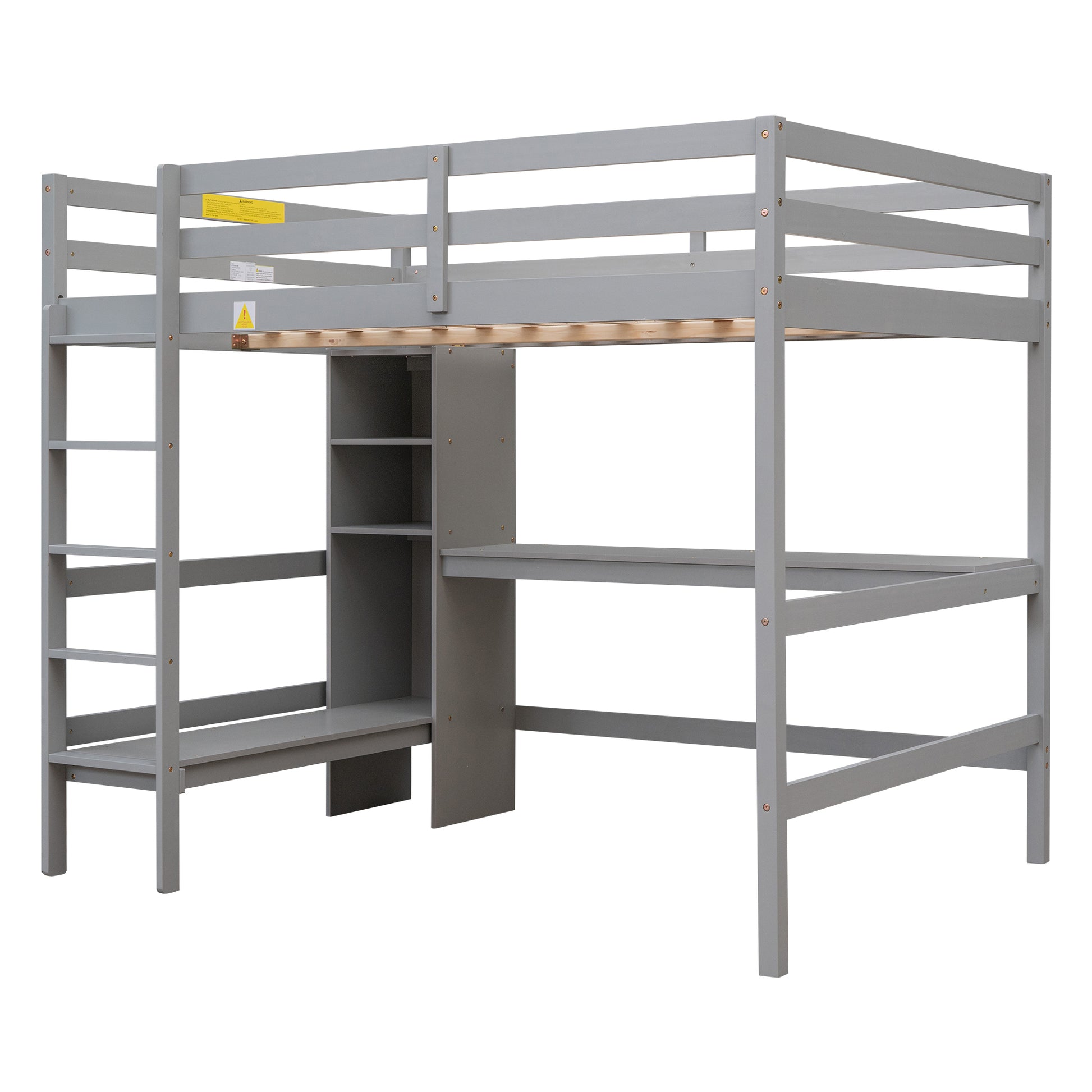 Full Size Loft Bed With Multifunction Shelves And Under Bed Desk, Gray Gray Pine