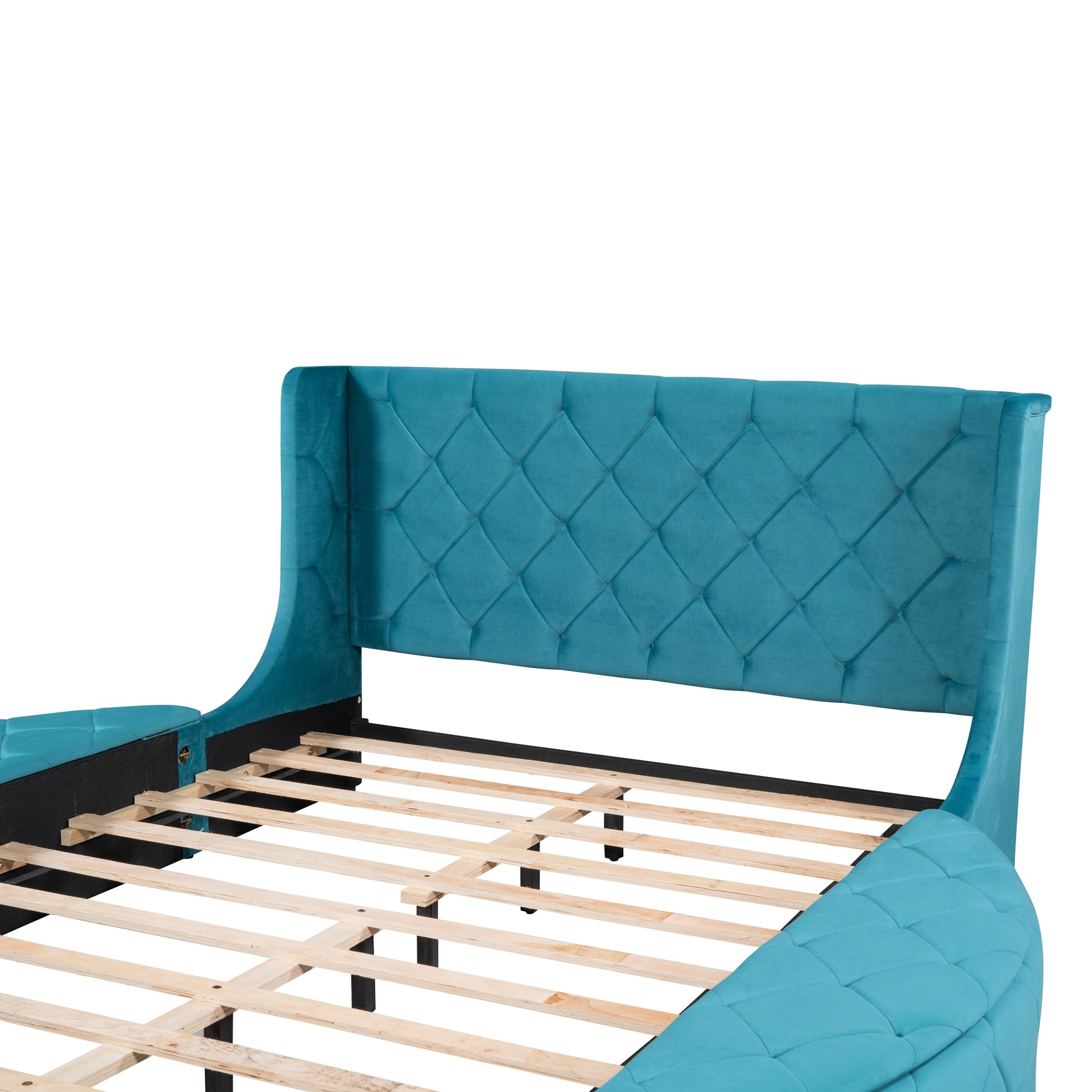 Upholstered Platform Bed Queen Size Storage Velvet Bed With Wingback Headboard And 1 Big Drawer,2 Side Storage Stool Blue Blue Upholstered