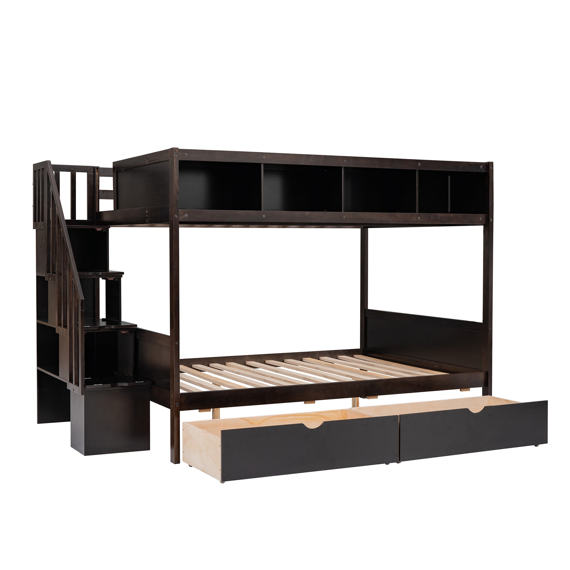 Twin Over Full Bunk Bed With Shelfs, Storage Staircase And 2 Drawers, Espresso Espresso Solid Wood Mdf