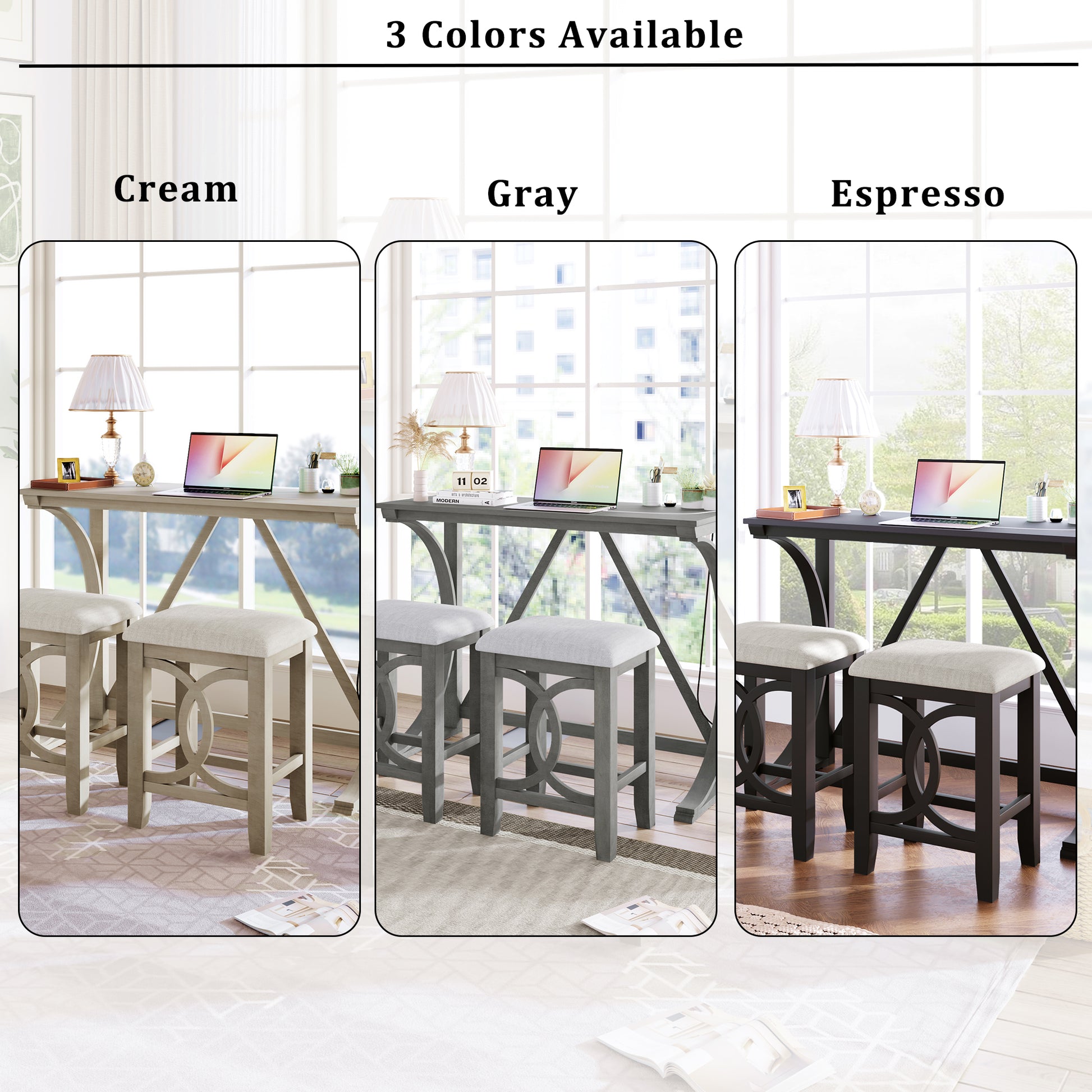 Farmhouse 3 Piece Counter Height Dining Table Set With Usb Port And Upholstered Stools,Cream Wood Wood Cream Seats 2 Wood Dining Room Solid Wood Farmhouse Rubberwood Trestle Rectangular Foam Solid Wood