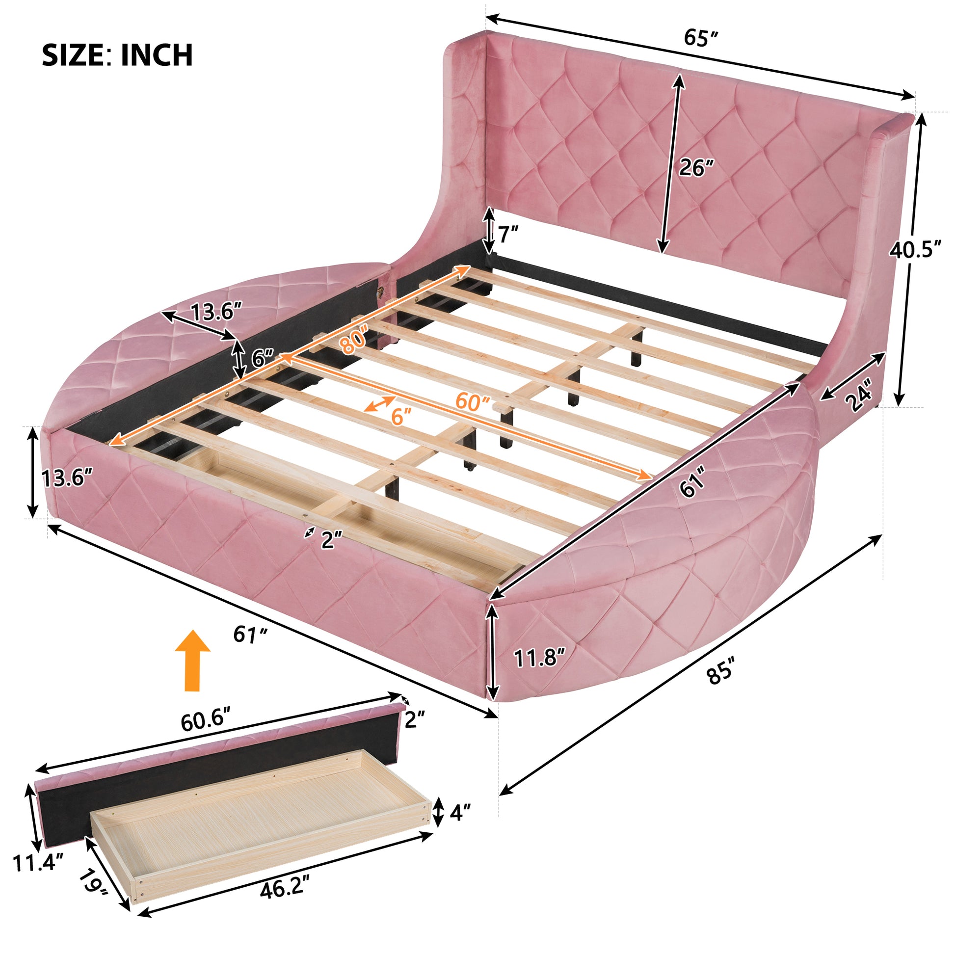 Upholstered Platform Bed Queen Size Storage Velvet Bed With Wingback Headboard And 1 Big Drawer,2 Side Storage Stool Pink Pink Upholstered